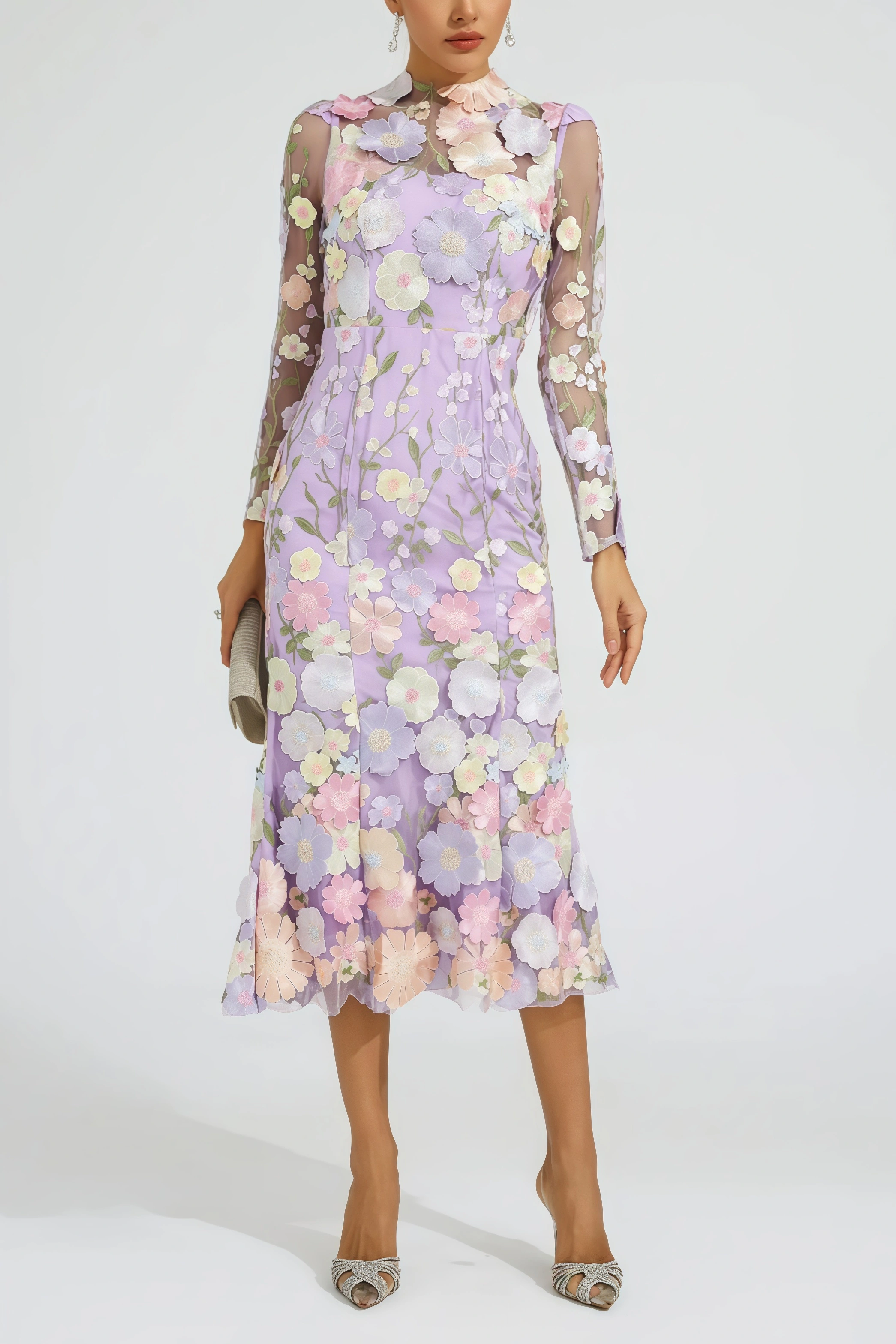 Elza Purple Flower Embroidered Midi Dress
