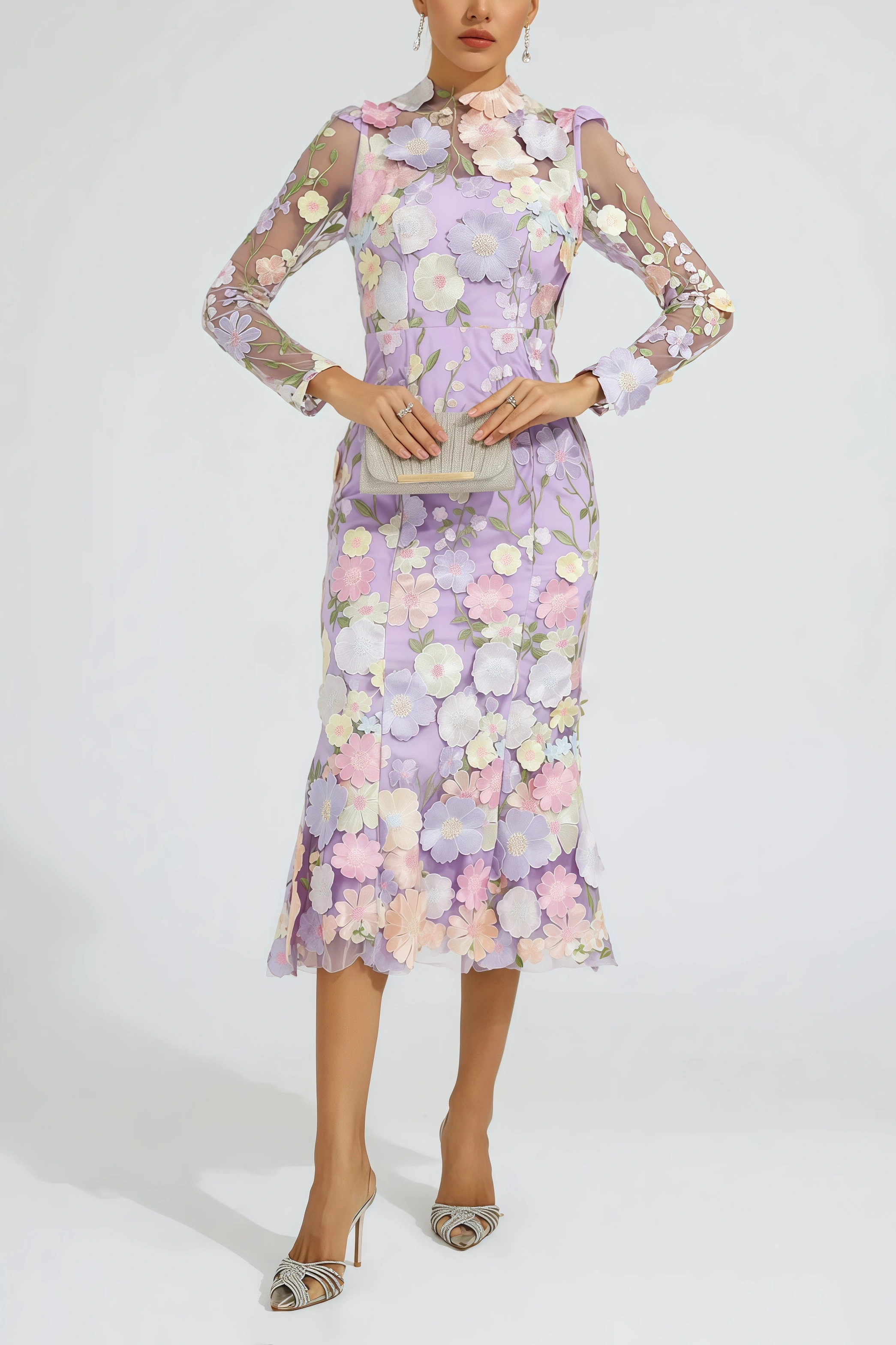 Elza Purple Flower Embroidered Midi Dress