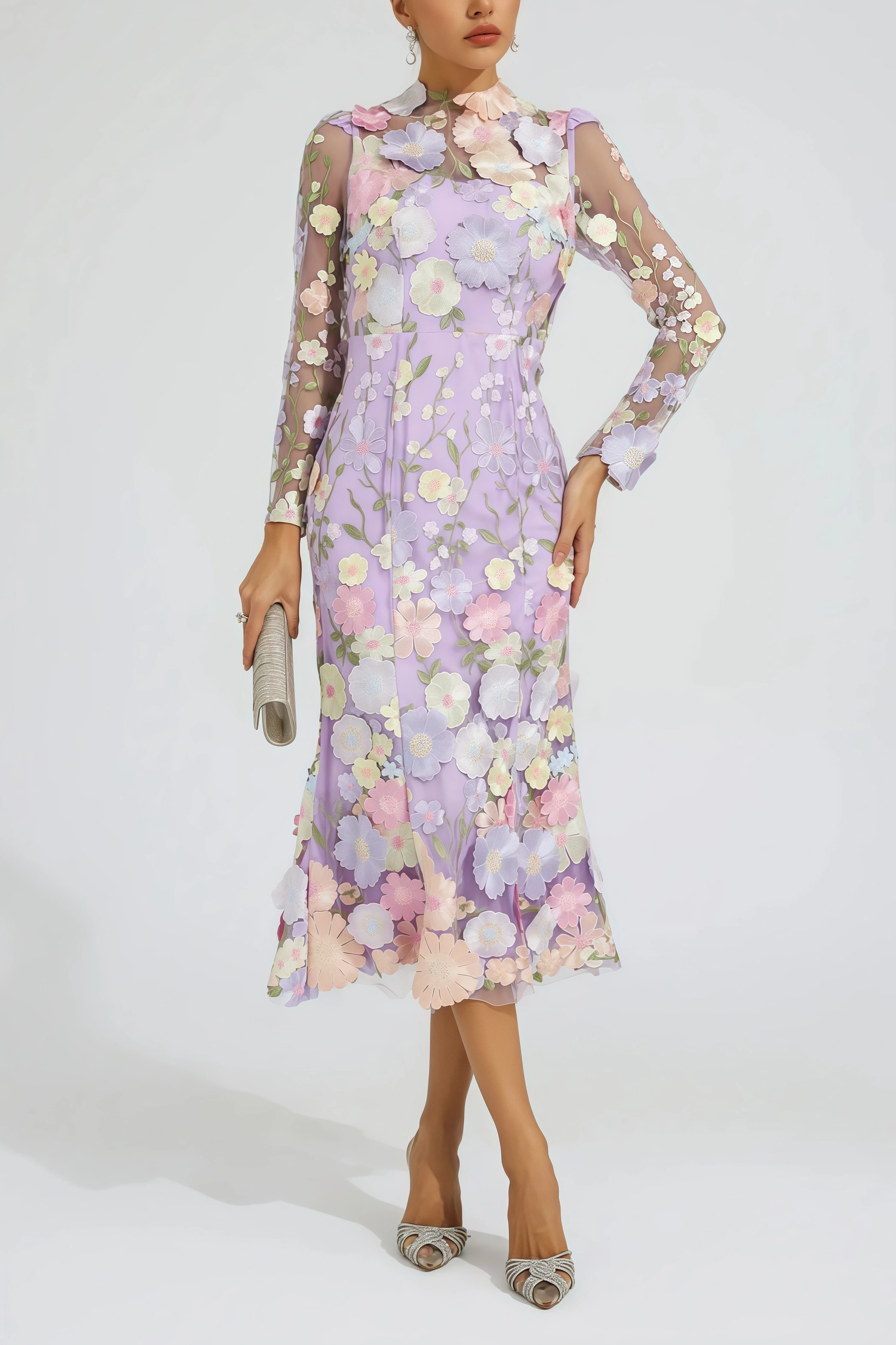 Elza Purple Flower Embroidered Midi Dress
