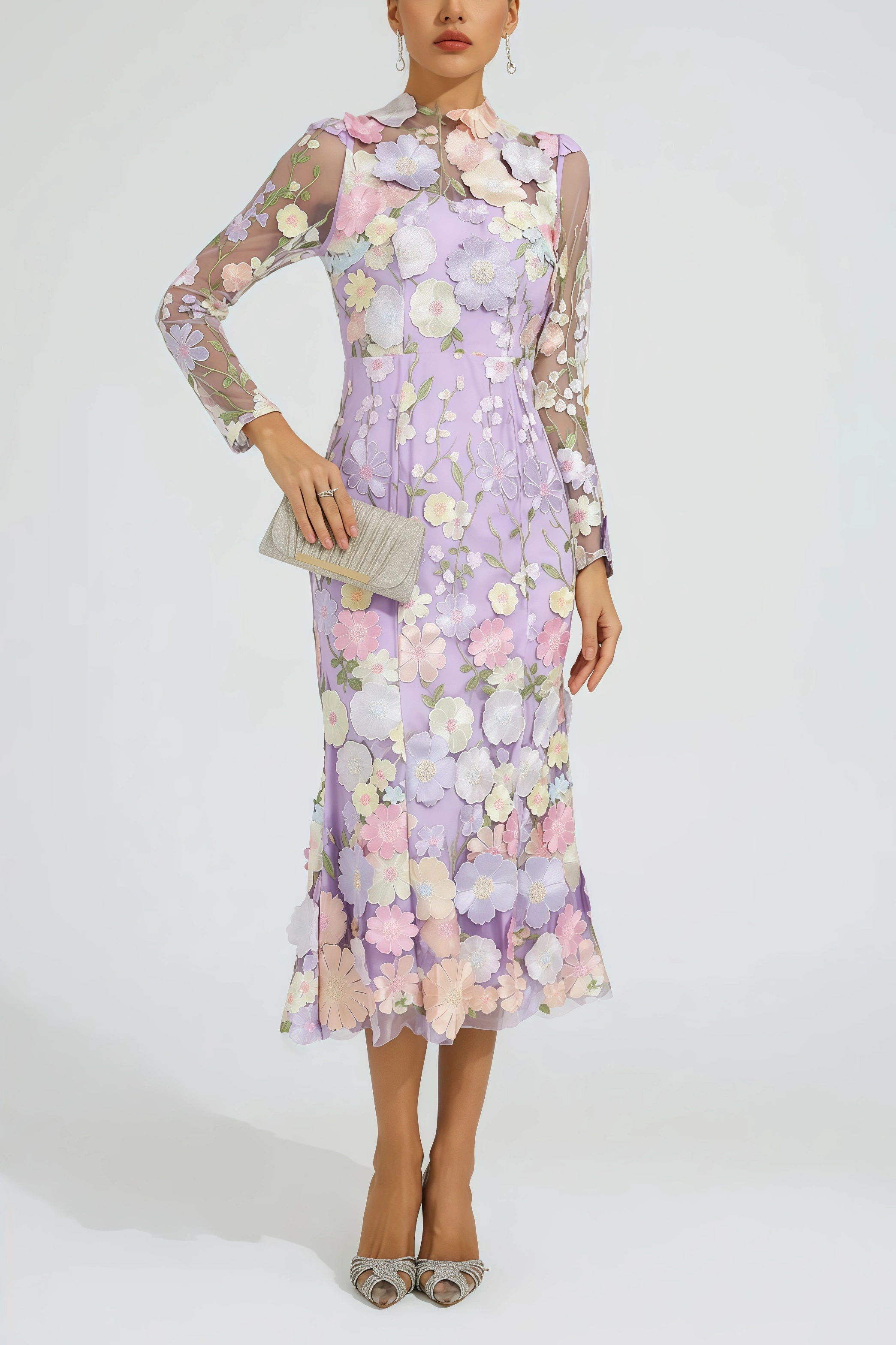 Elza Purple Flower Embroidered Midi Dress