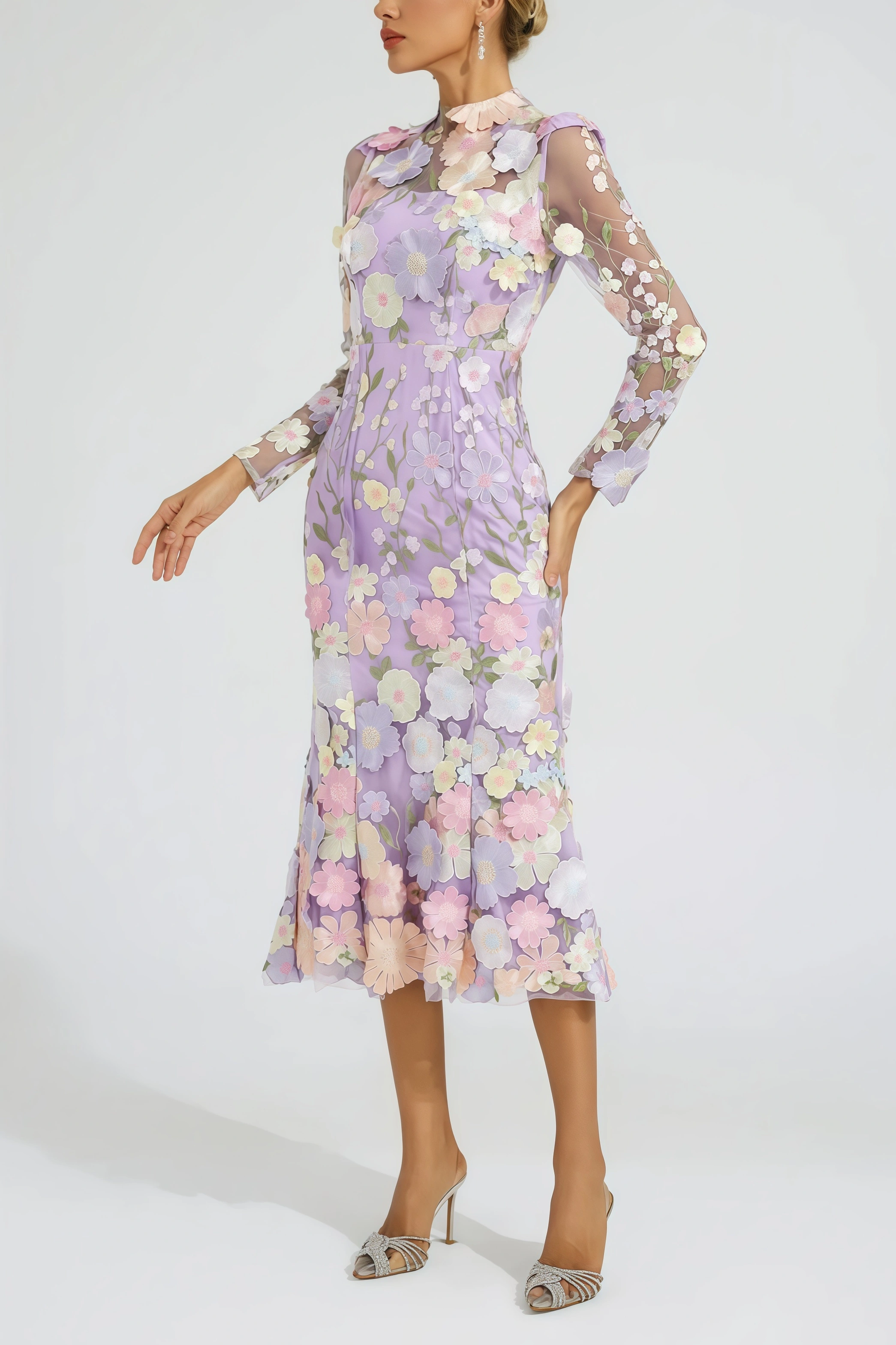 Elza Purple Flower Embroidered Midi Dress