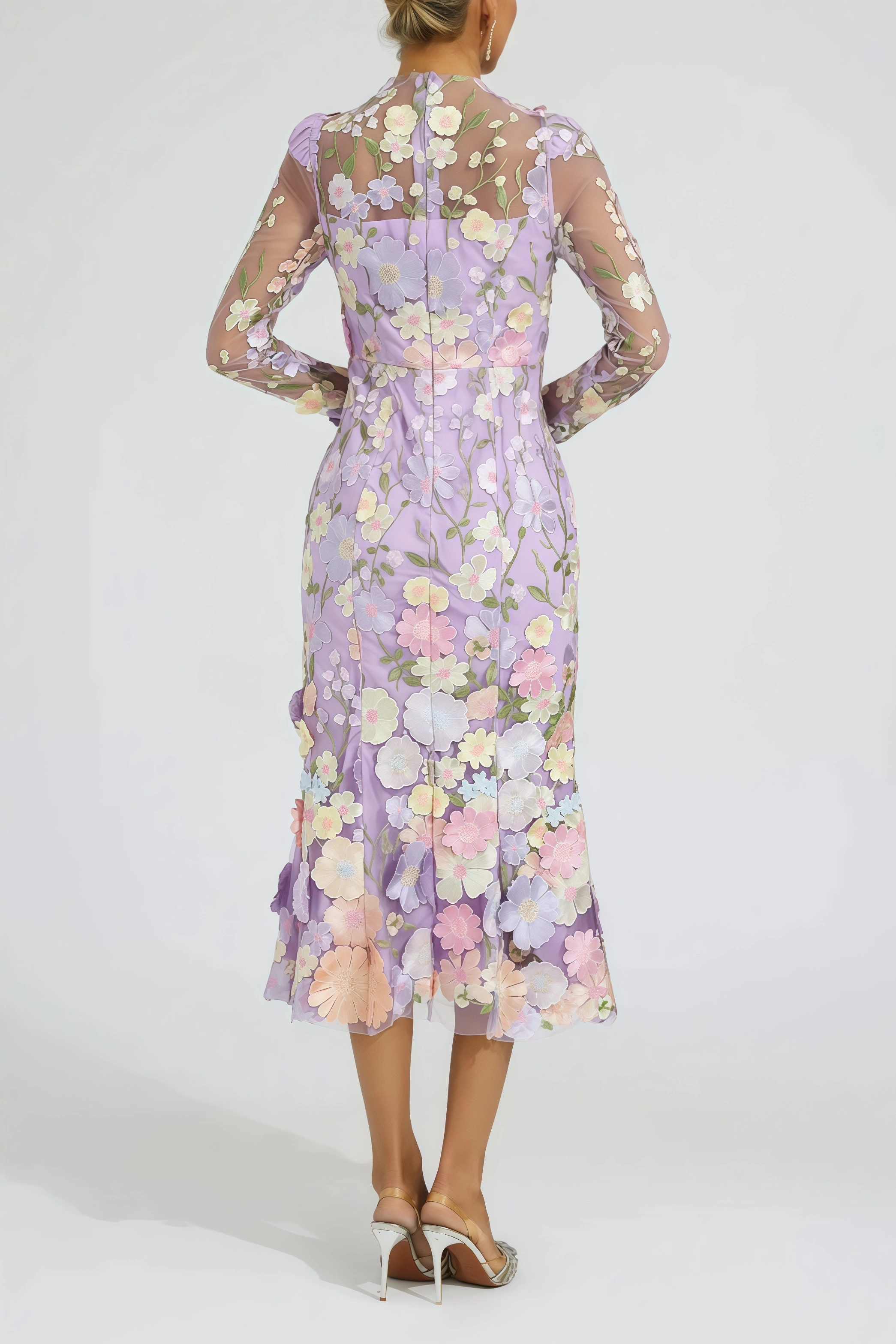 Elza Purple Flower Embroidered Midi Dress