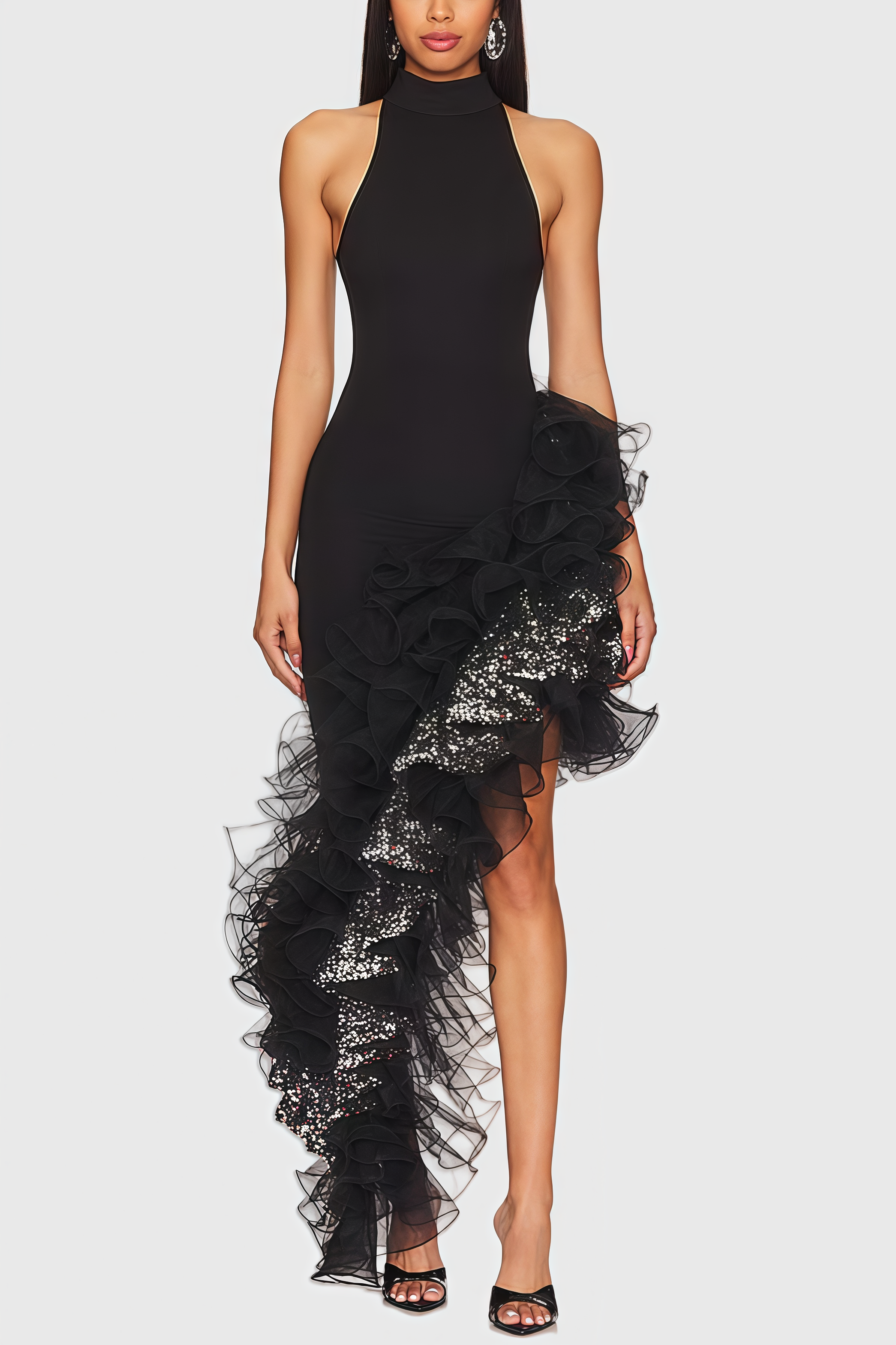 Annds Sequin Ruffle Black Maxi Dress