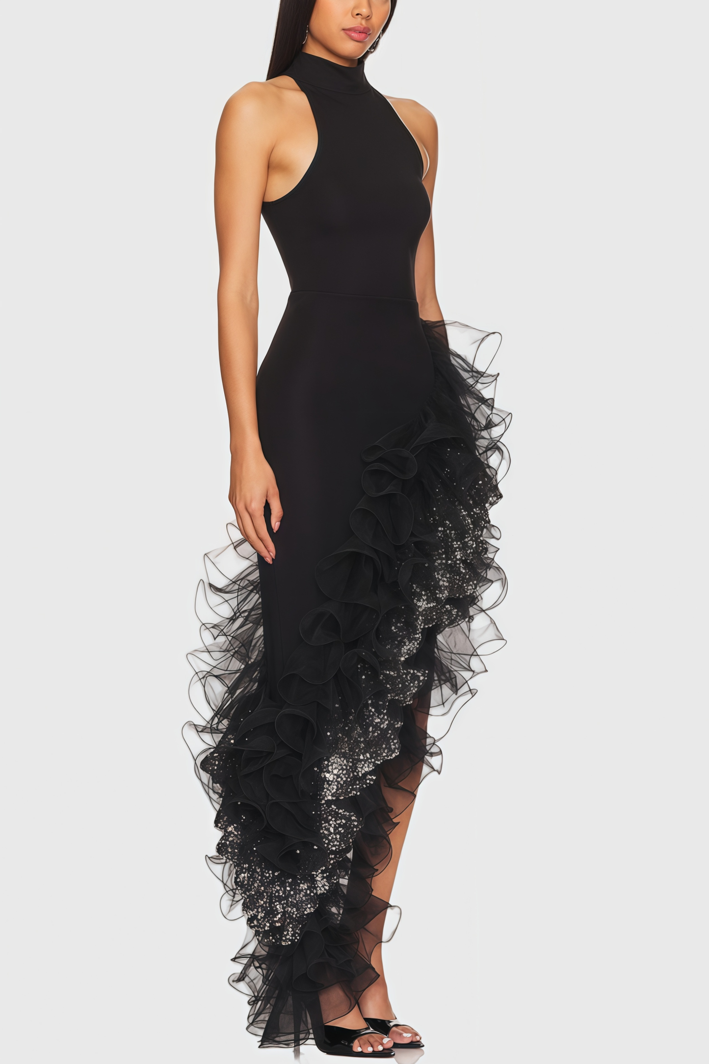 Annds Sequin Ruffle Black Maxi Dress
