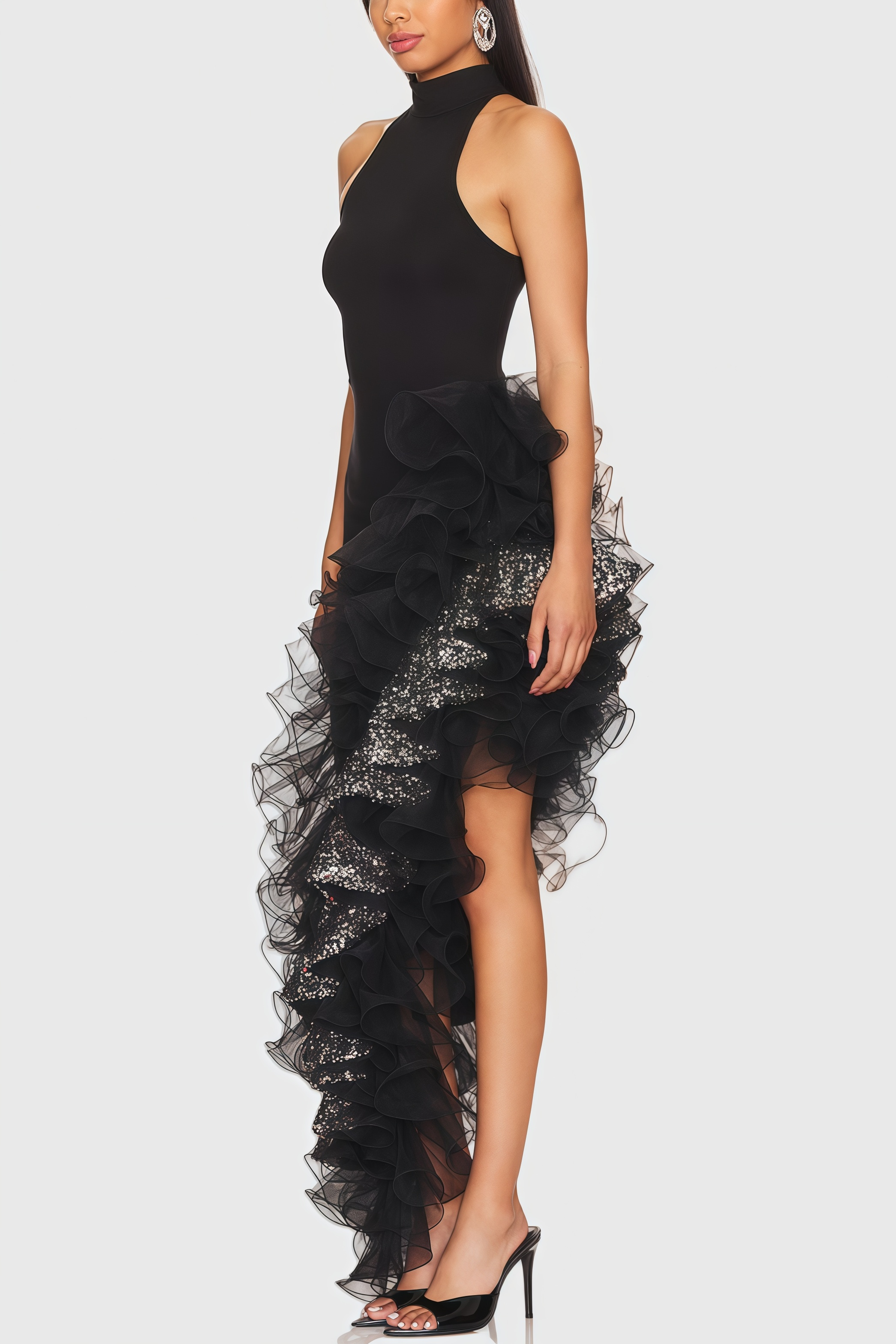 Annds Sequin Ruffle Black Maxi Dress