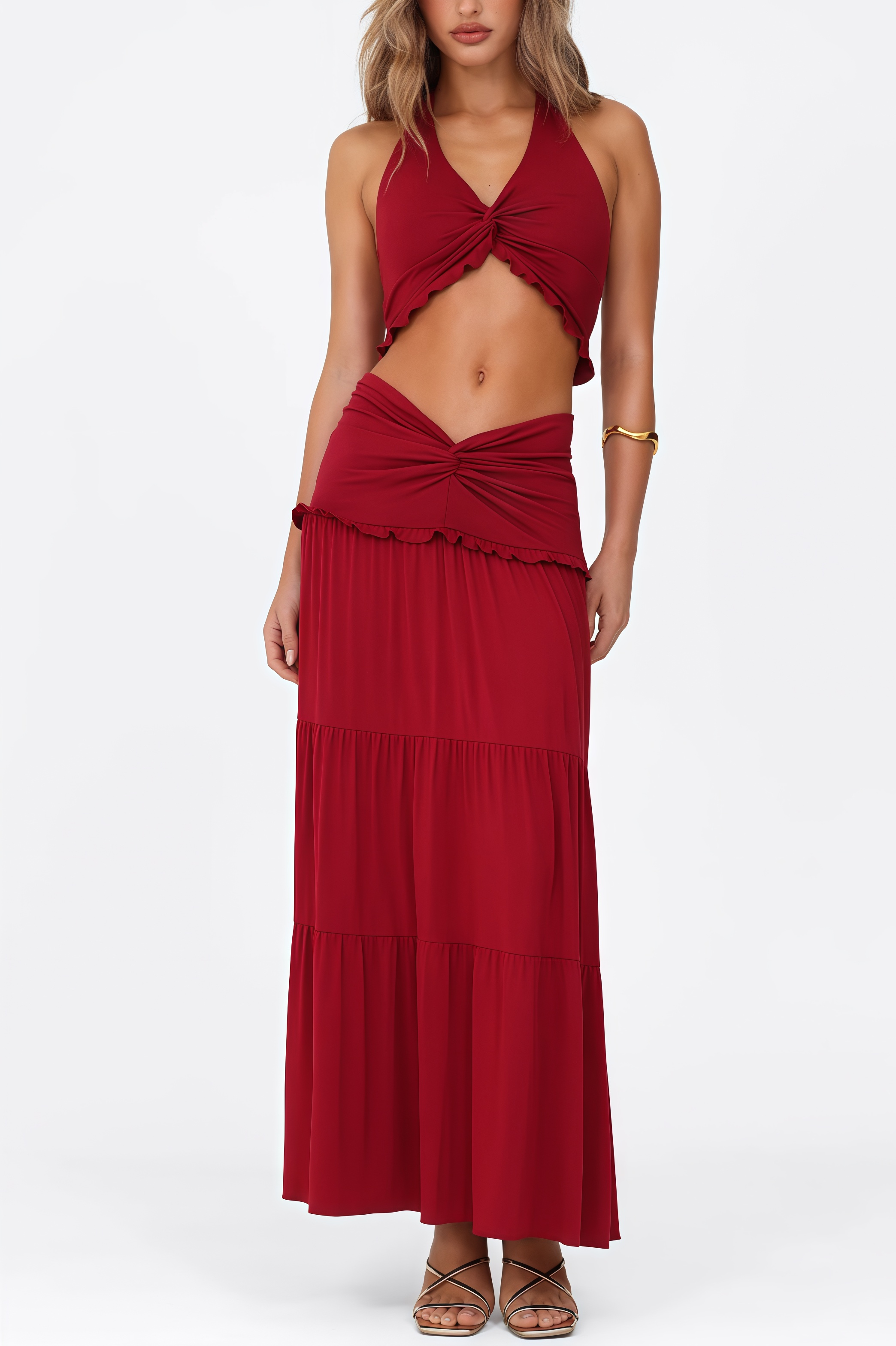 Liora Red Backless Top Maxi Dress Set