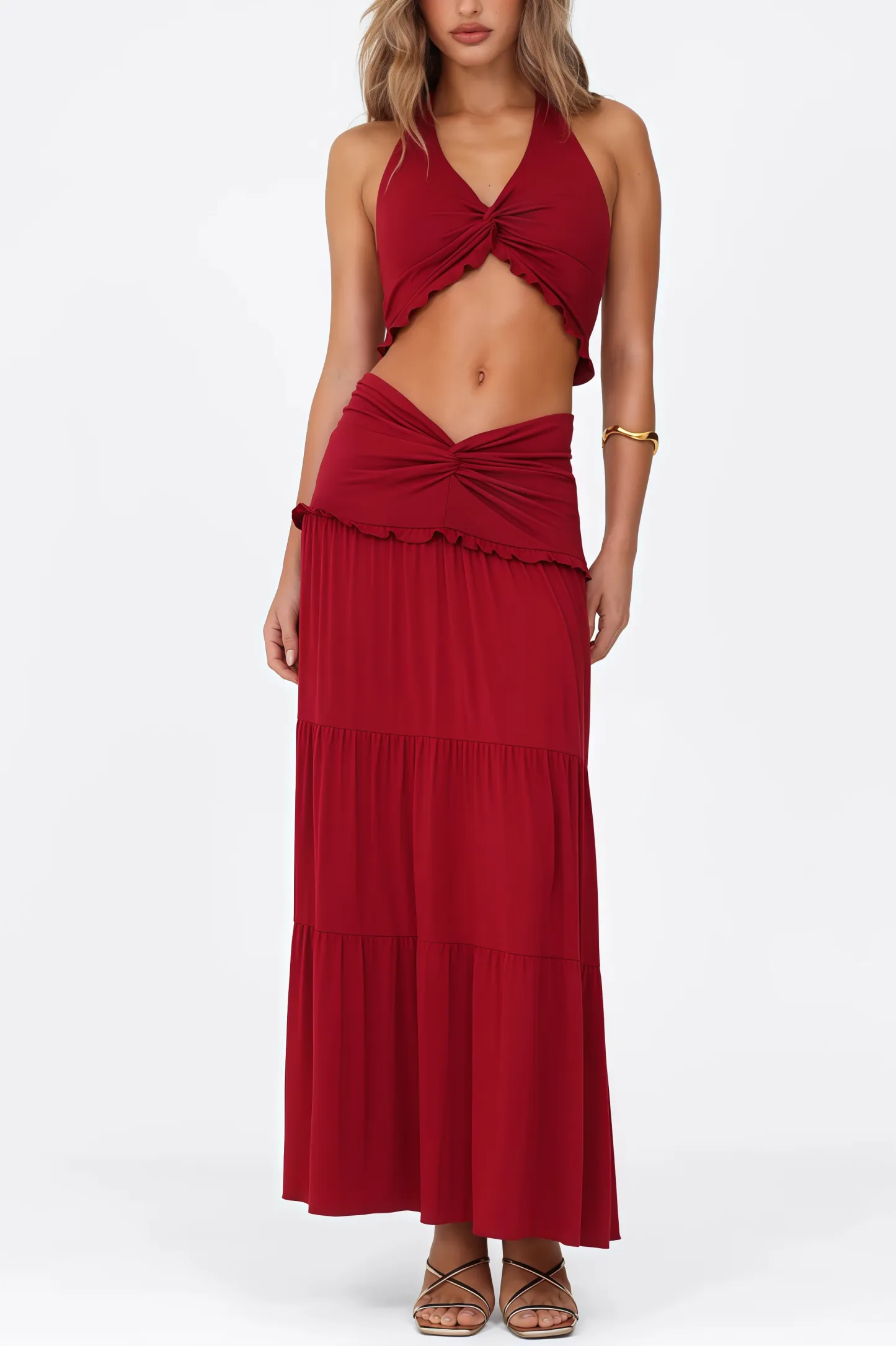 Liora Red Backless Top Maxi Dress Set