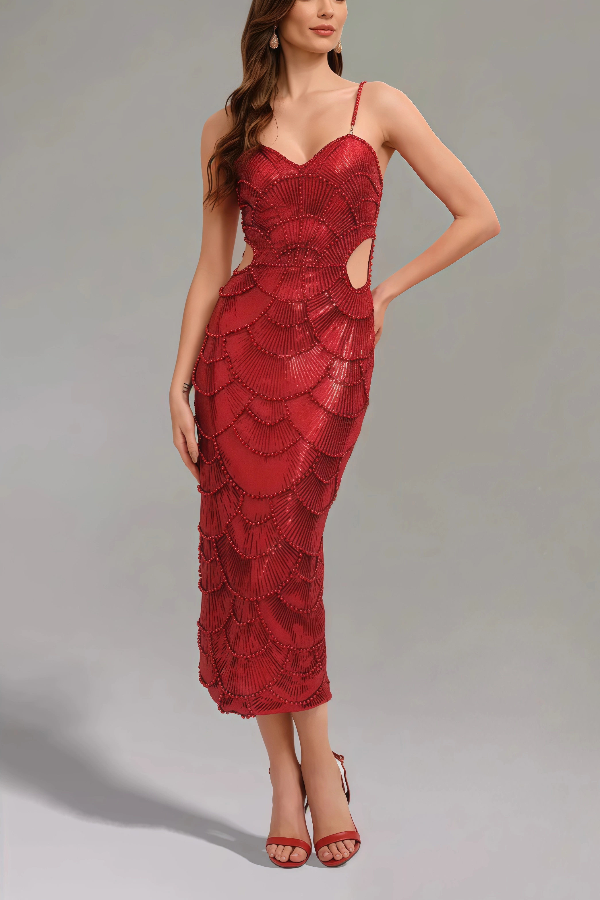 KAYA Sleeveless Pearl Sequin Midi Dress