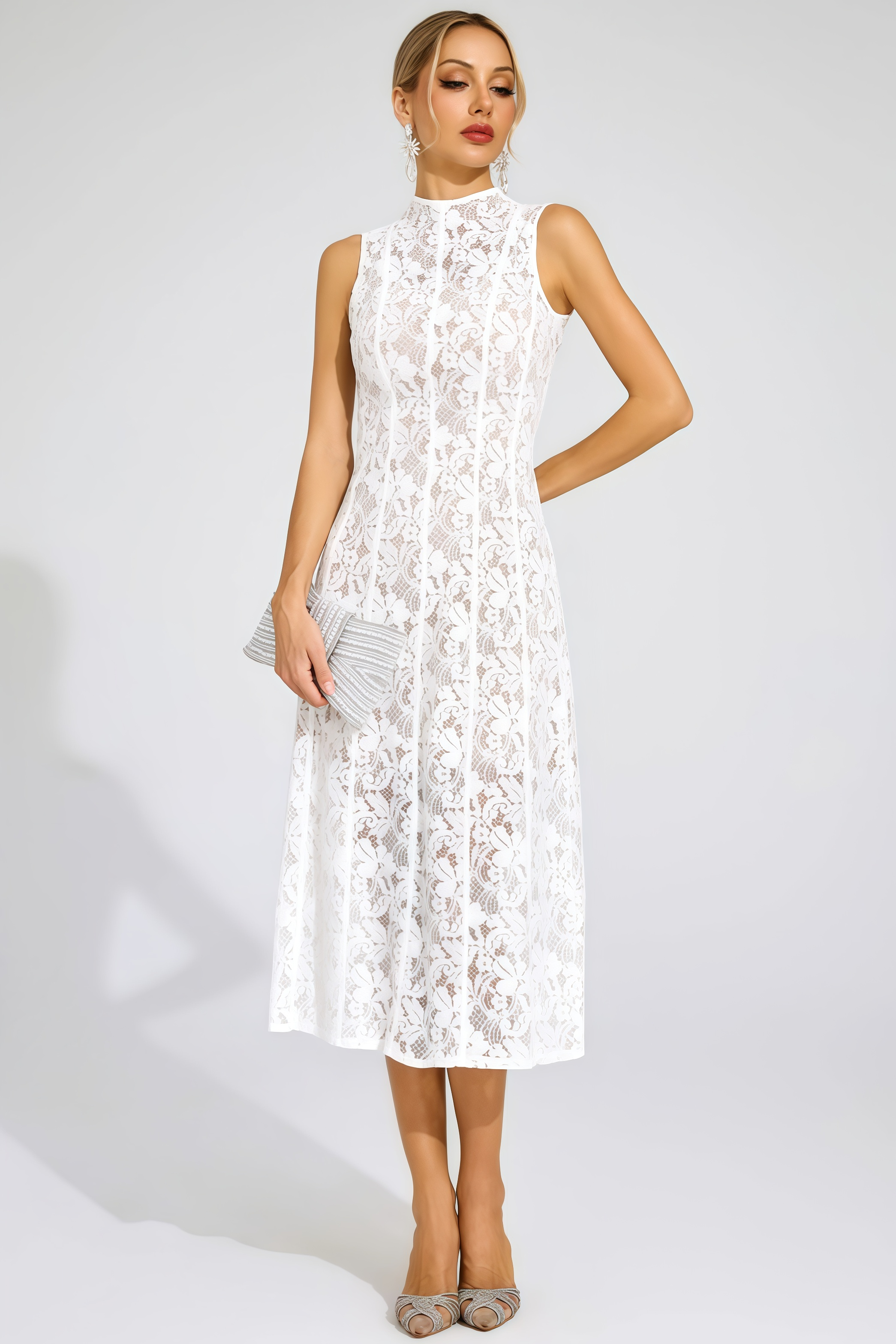 Thoref White Cut Out Sleeveless Midi Dress