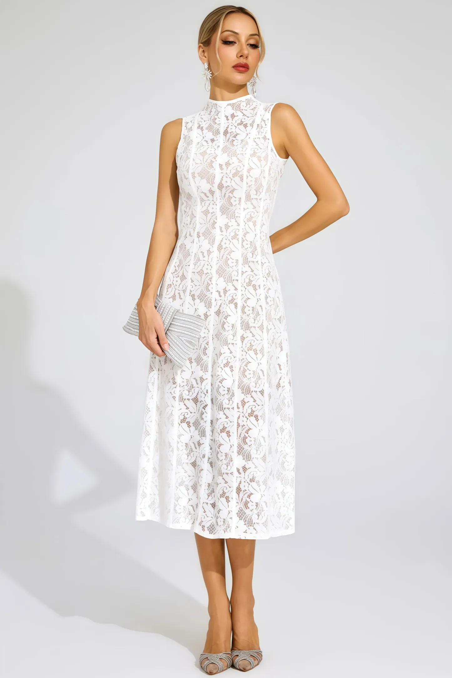 Thoref White Cut Out Sleeveless Midi Dress