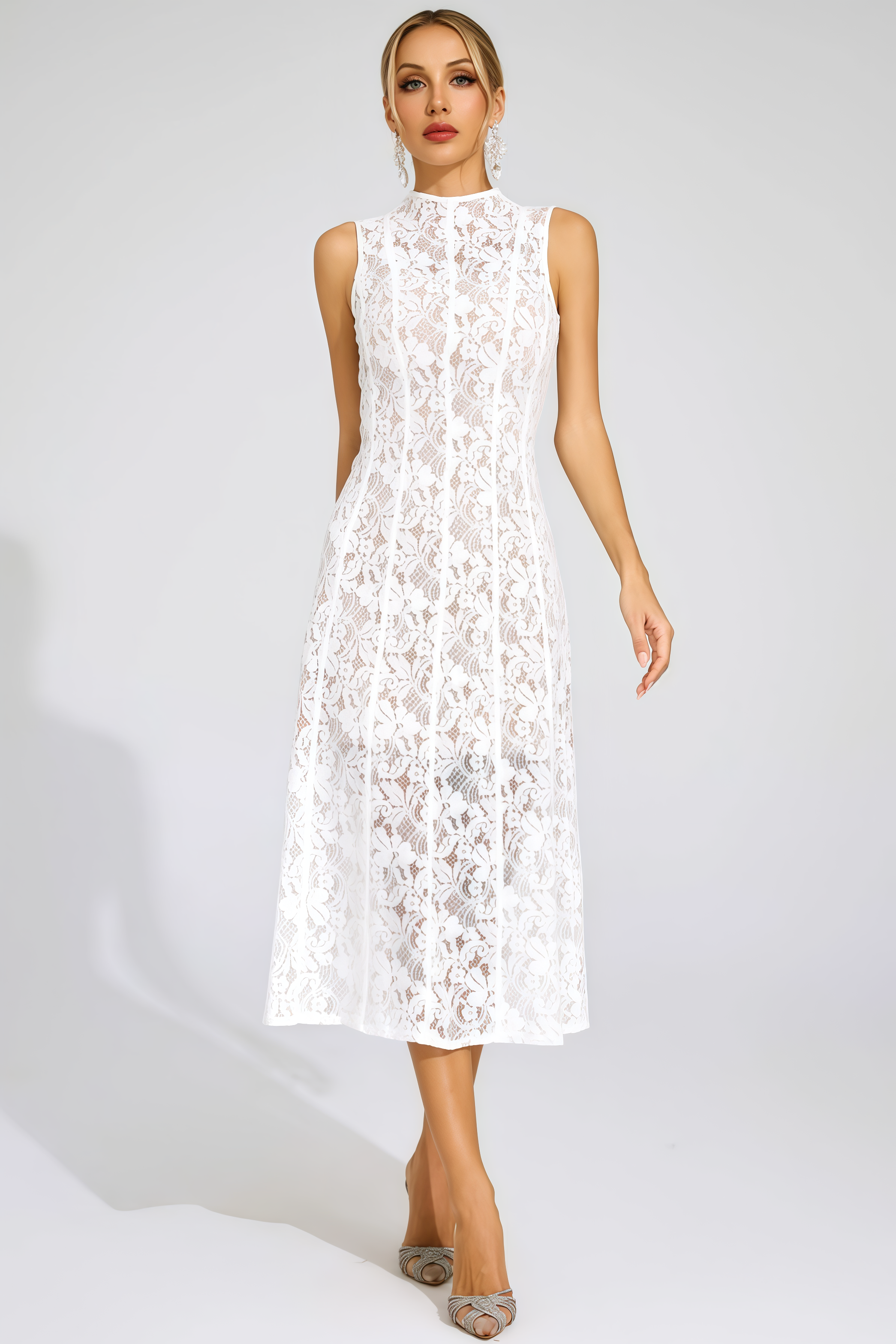 Thoref White Cut Out Sleeveless Midi Dress