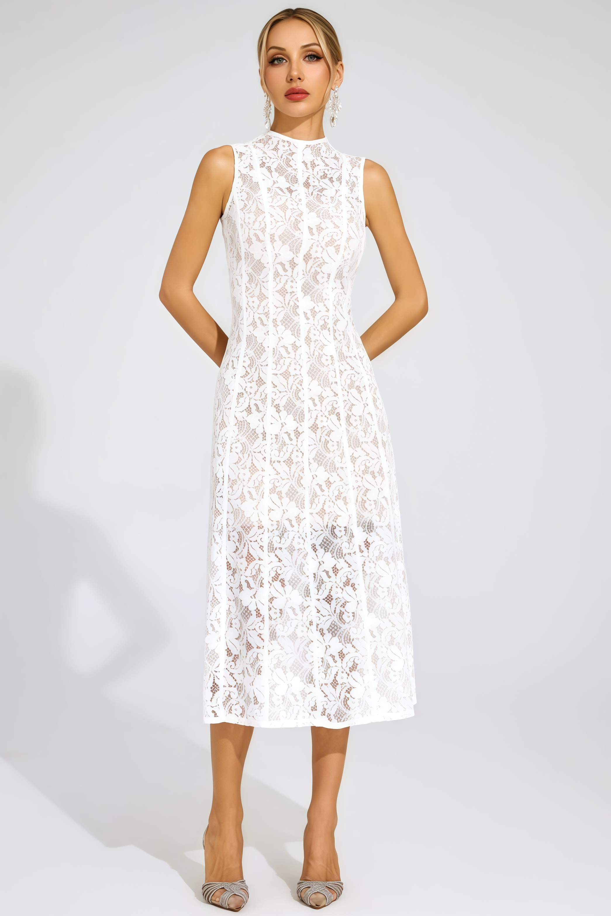 Thoref White Cut Out Sleeveless Midi Dress