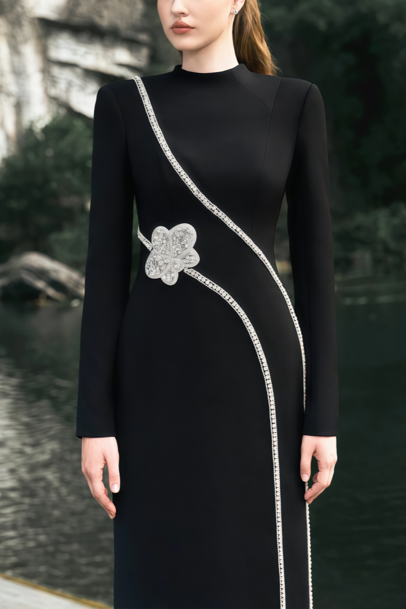 Senne Rhinestone Long Sleeve Floral Maxi Dress