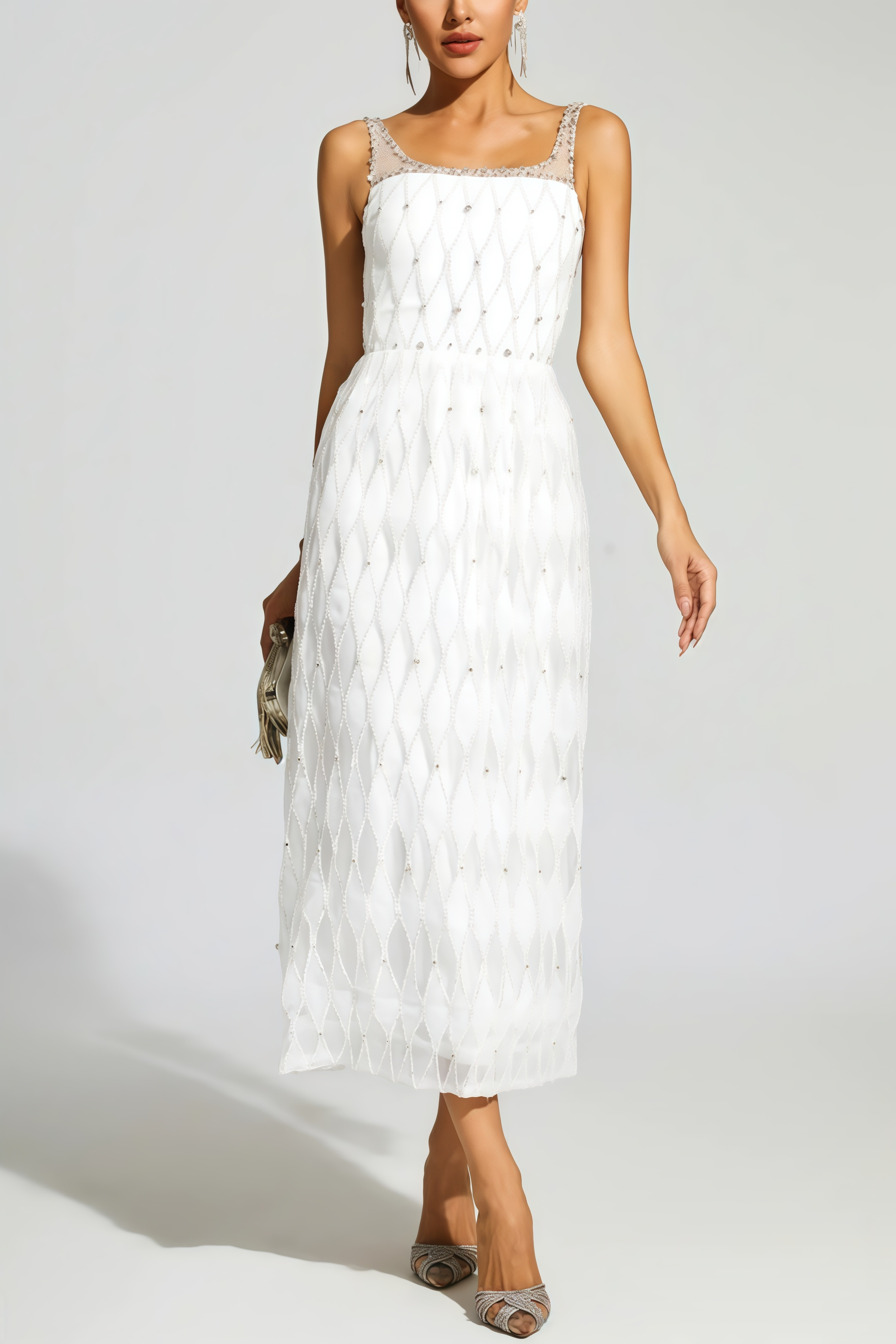 Terrysa White Embellished Slip Midi Dress