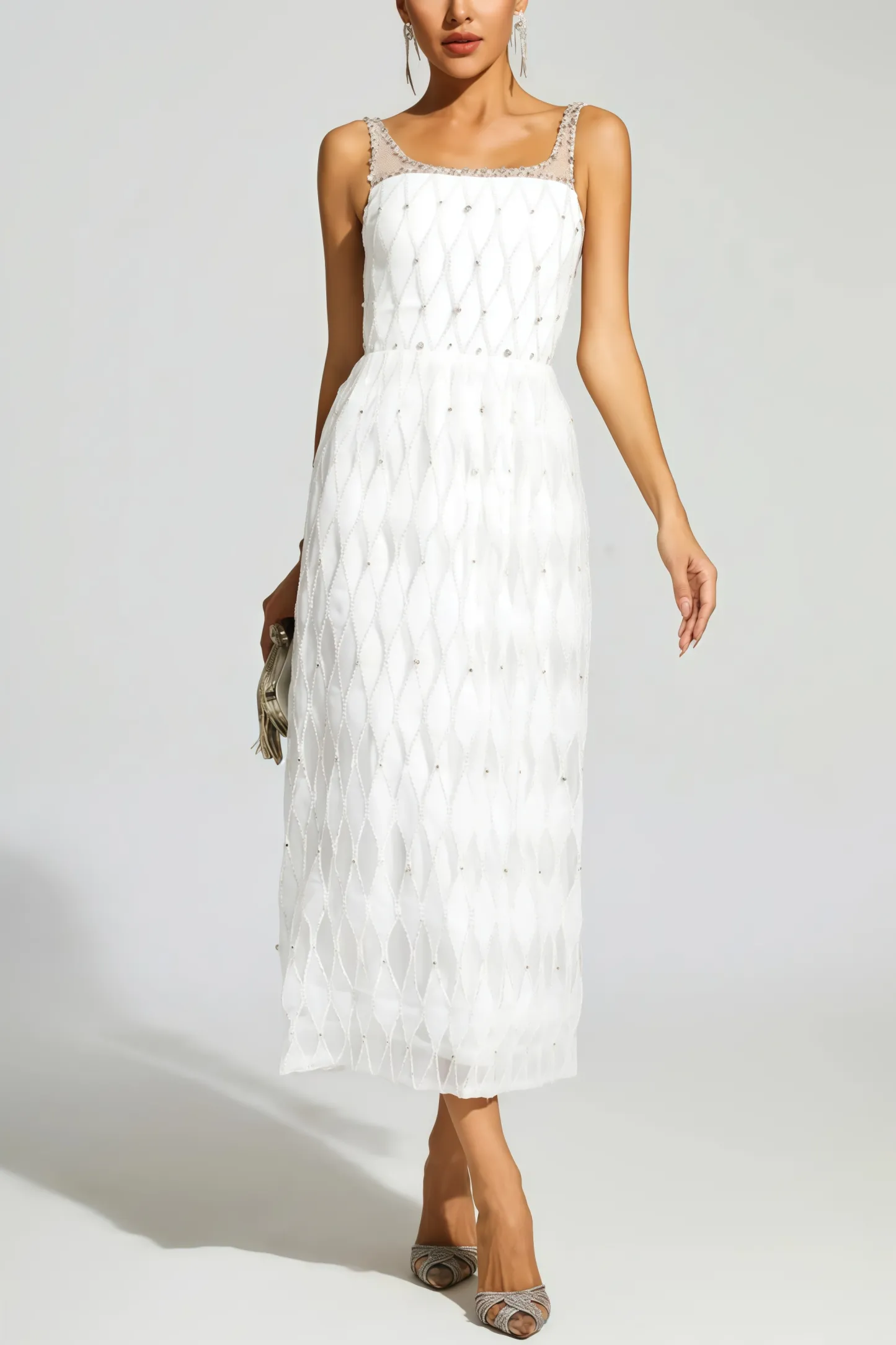 Terrysa White Embellished Slip Midi Dress