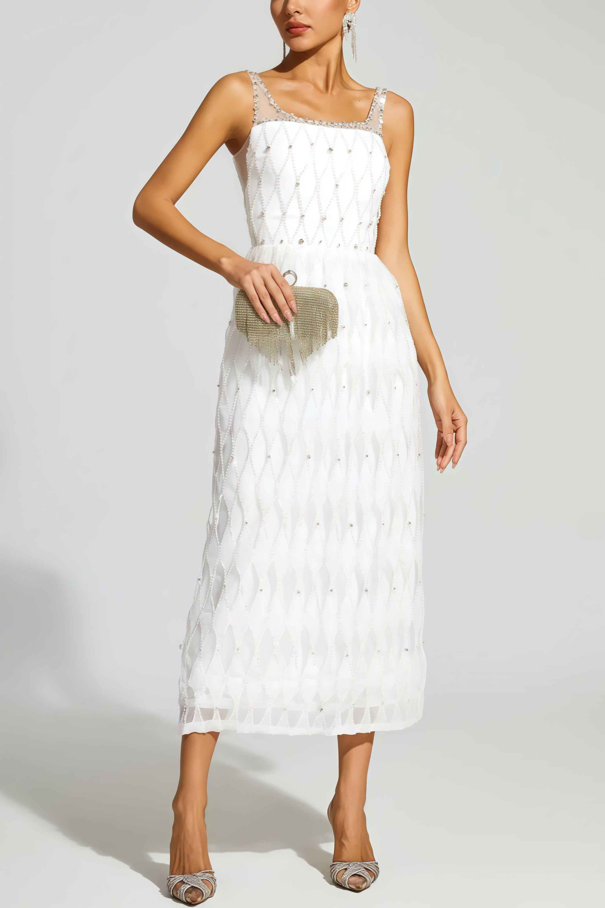 Terrysa White Embellished Slip Midi Dress