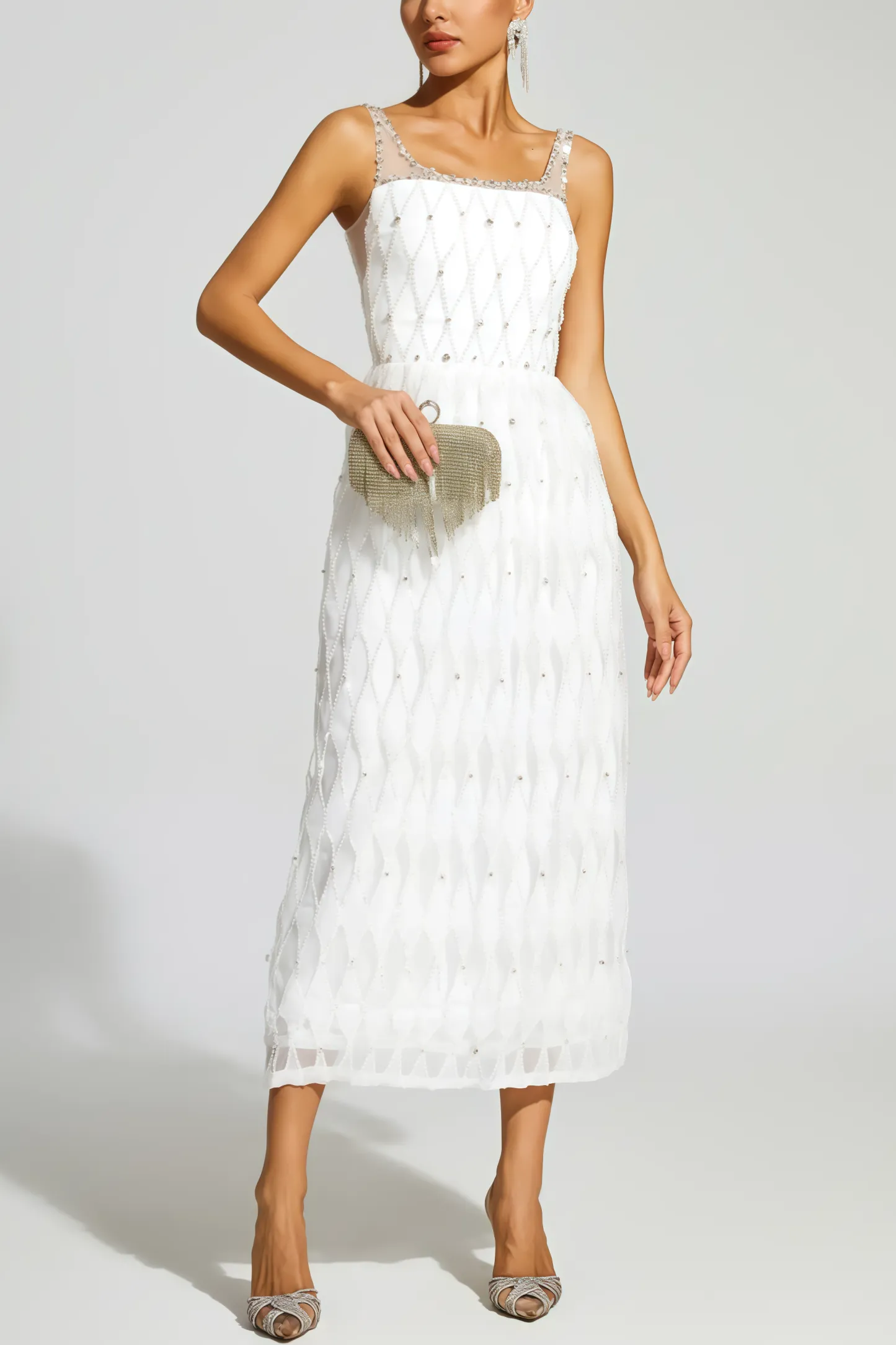 Terrysa White Embellished Slip Midi Dress