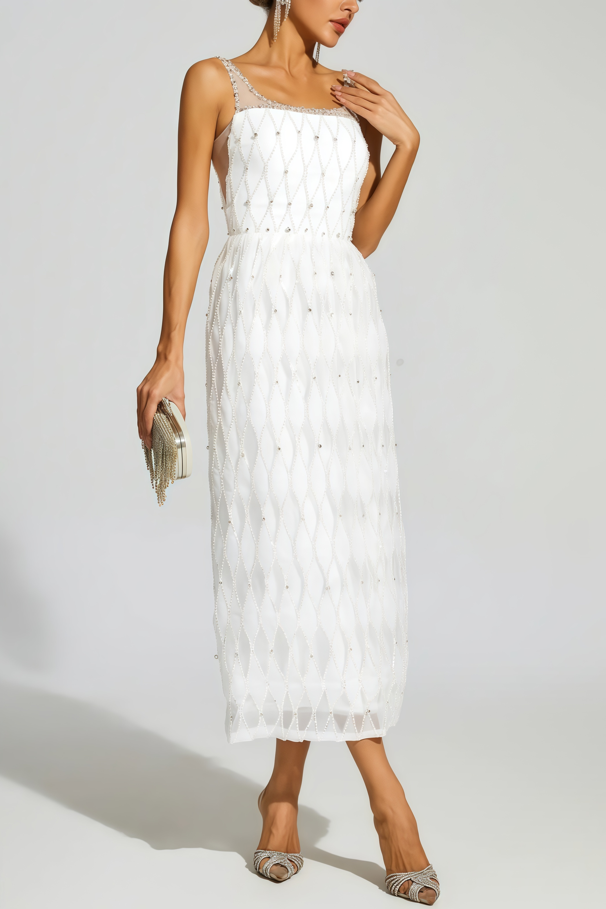 Terrysa White Embellished Slip Midi Dress