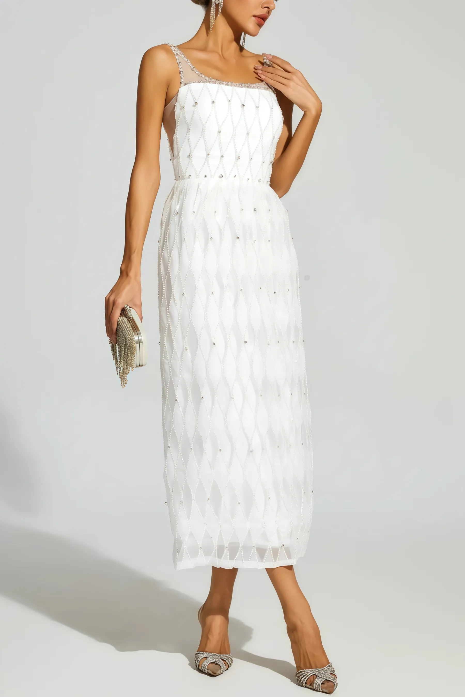 Terrysa White Embellished Slip Midi Dress