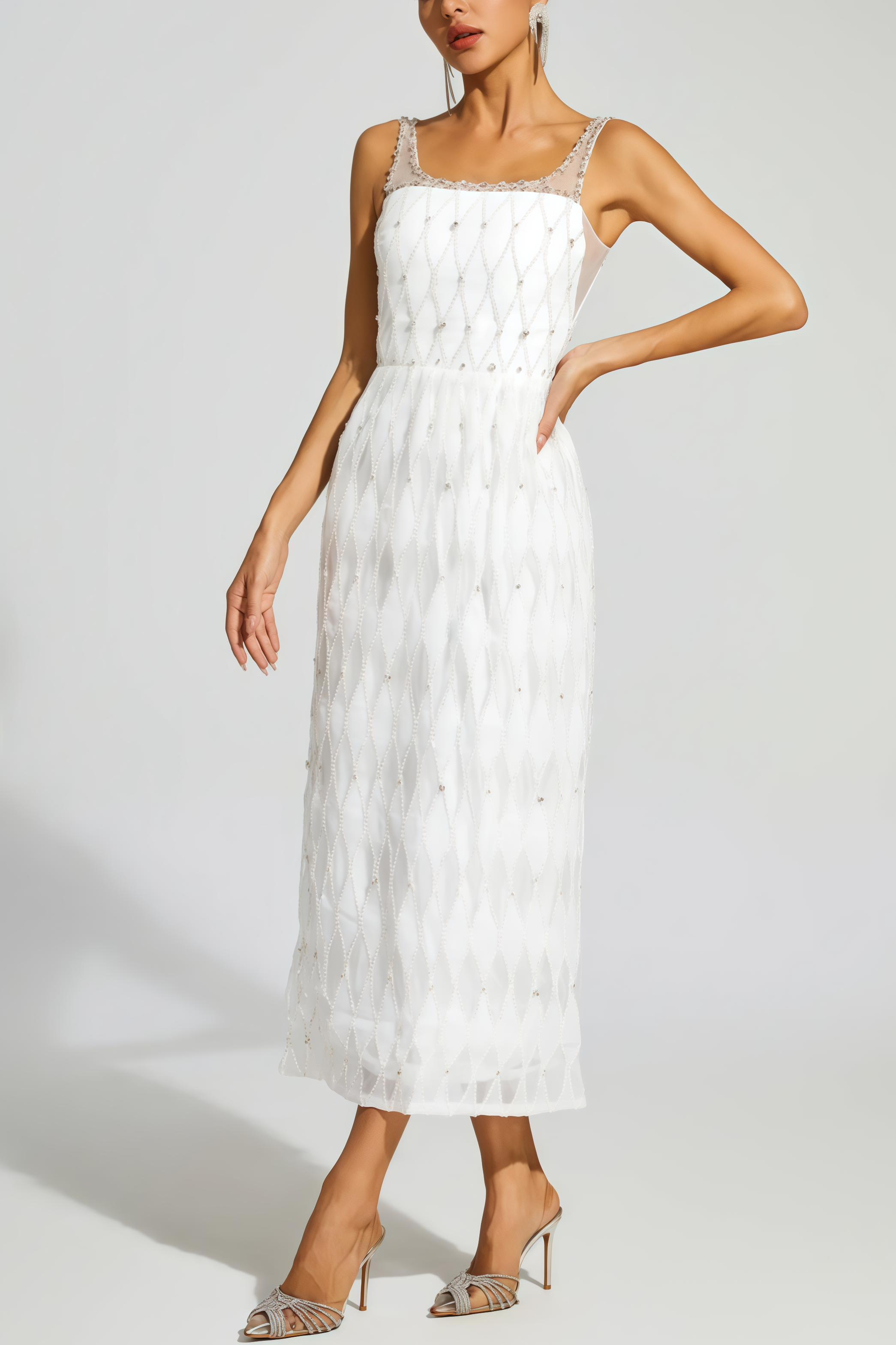 Terrysa White Embellished Slip Midi Dress