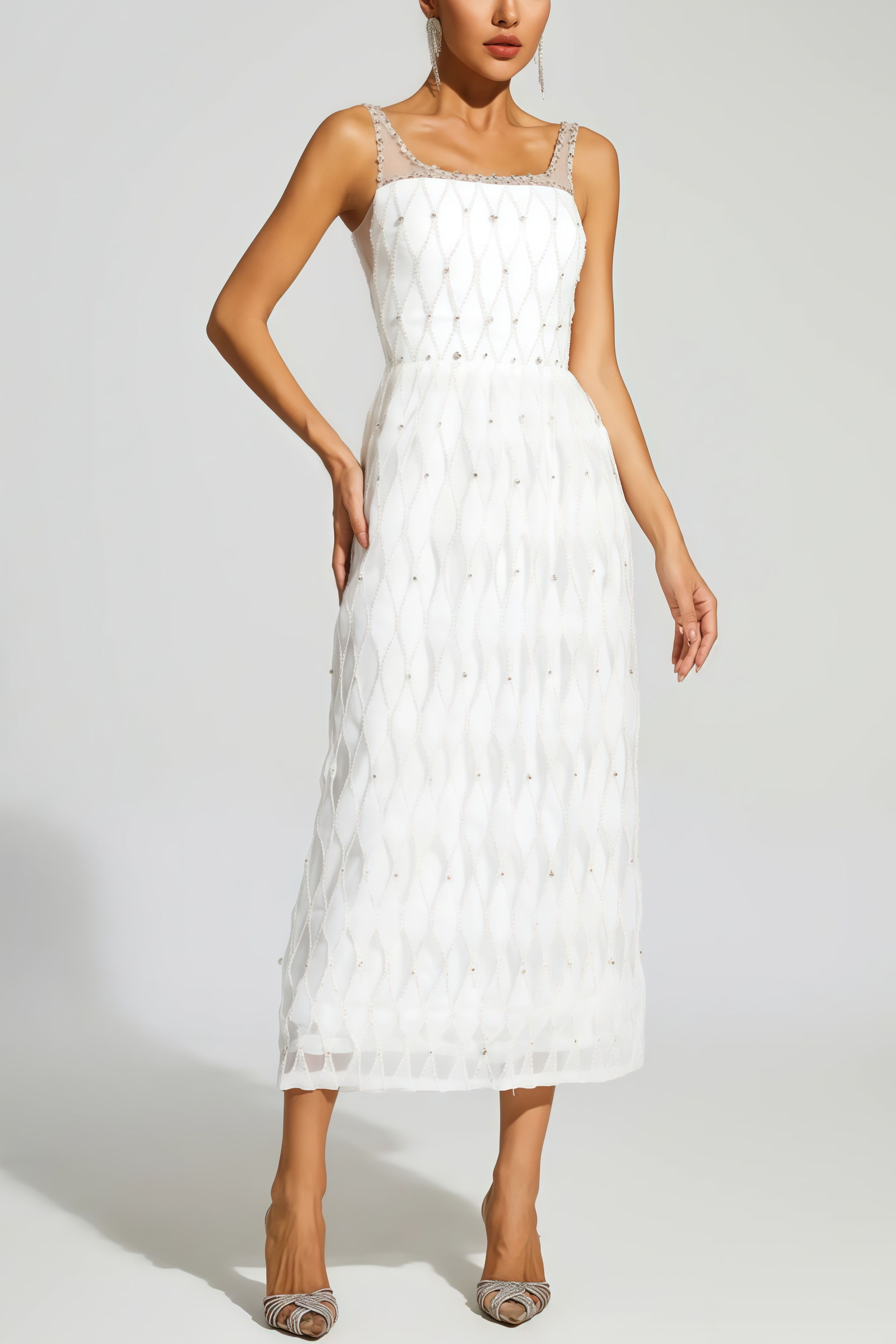 Terrysa White Embellished Slip Midi Dress