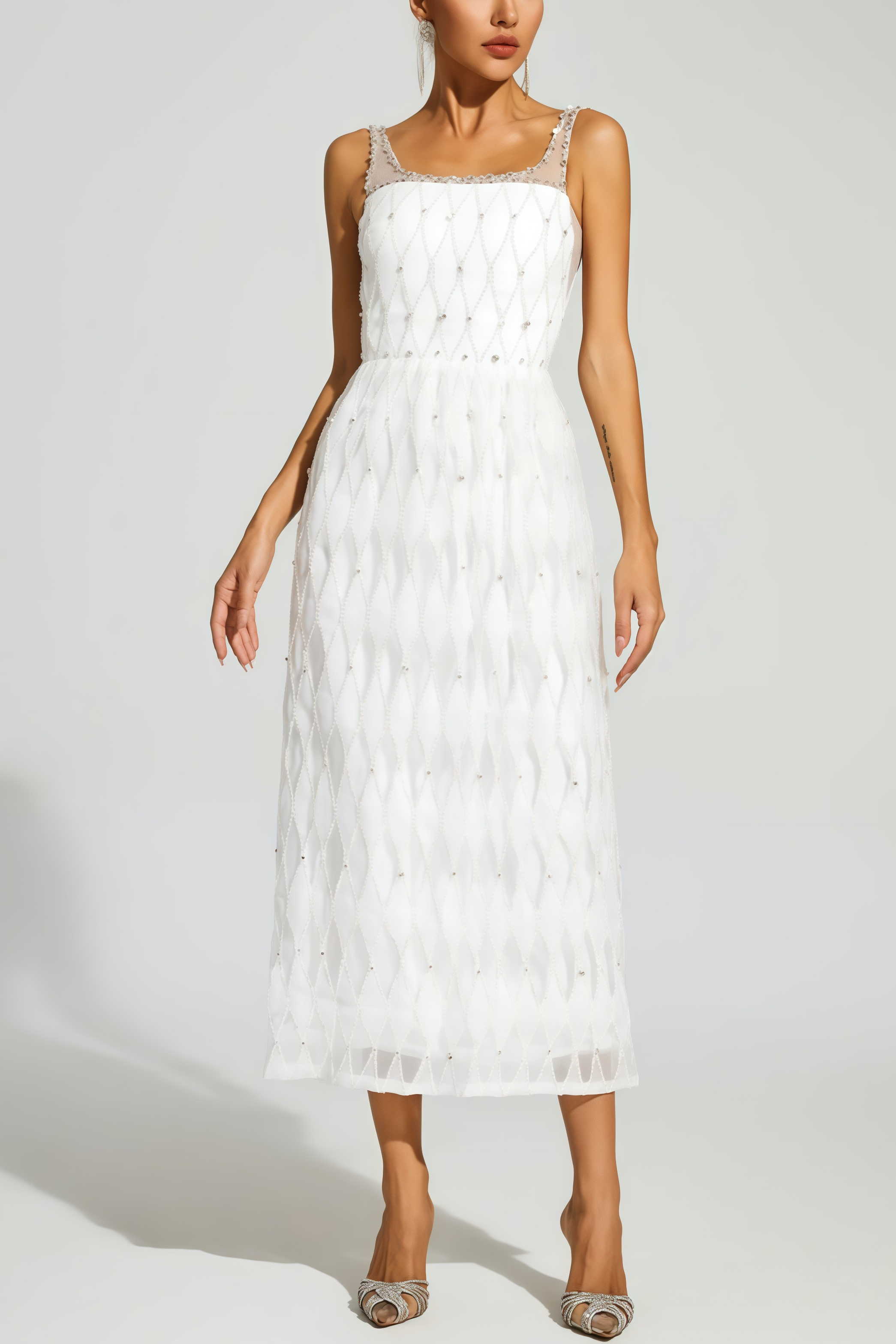 Terrysa White Embellished Slip Midi Dress