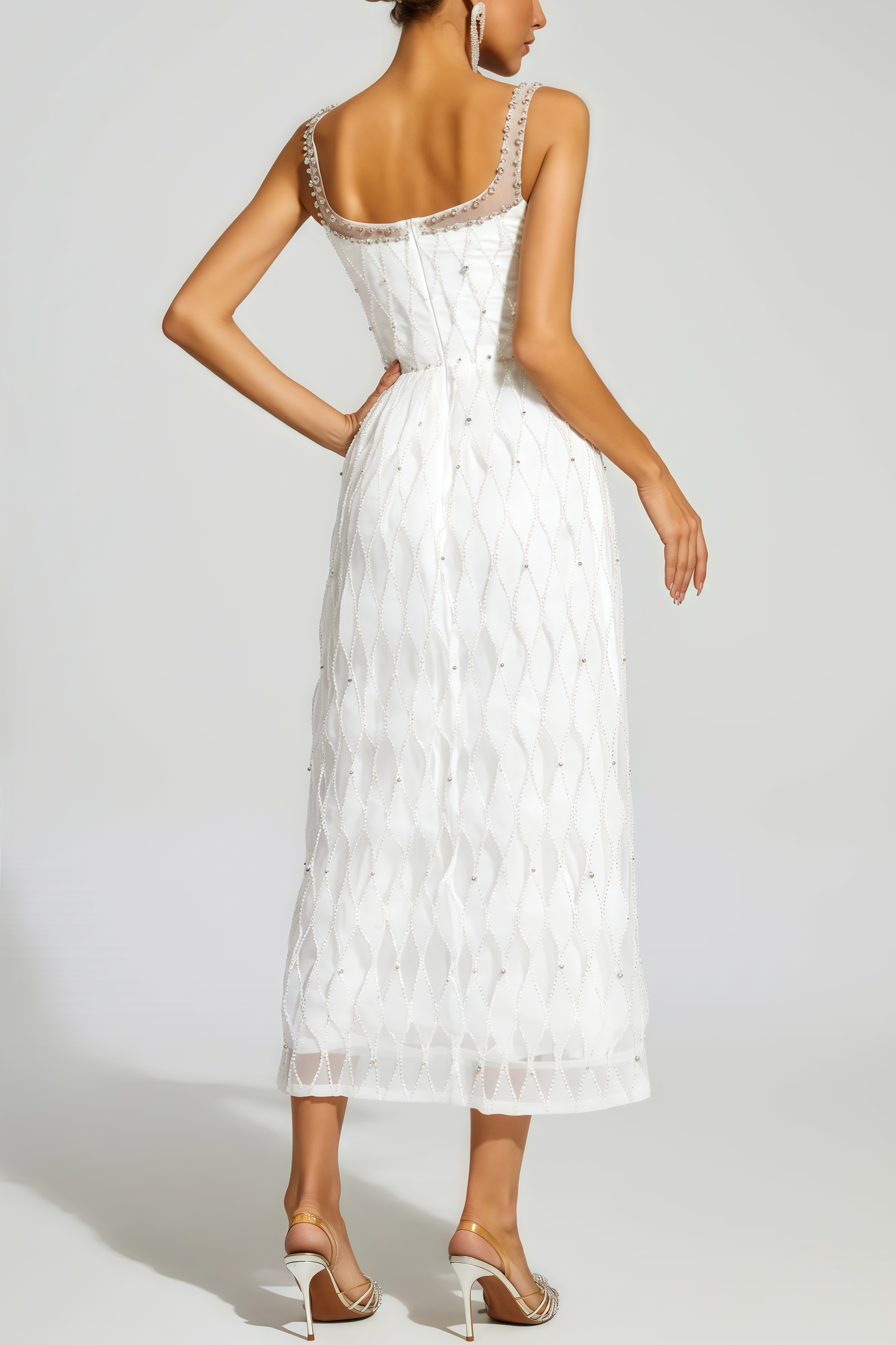 Terrysa White Embellished Slip Midi Dress