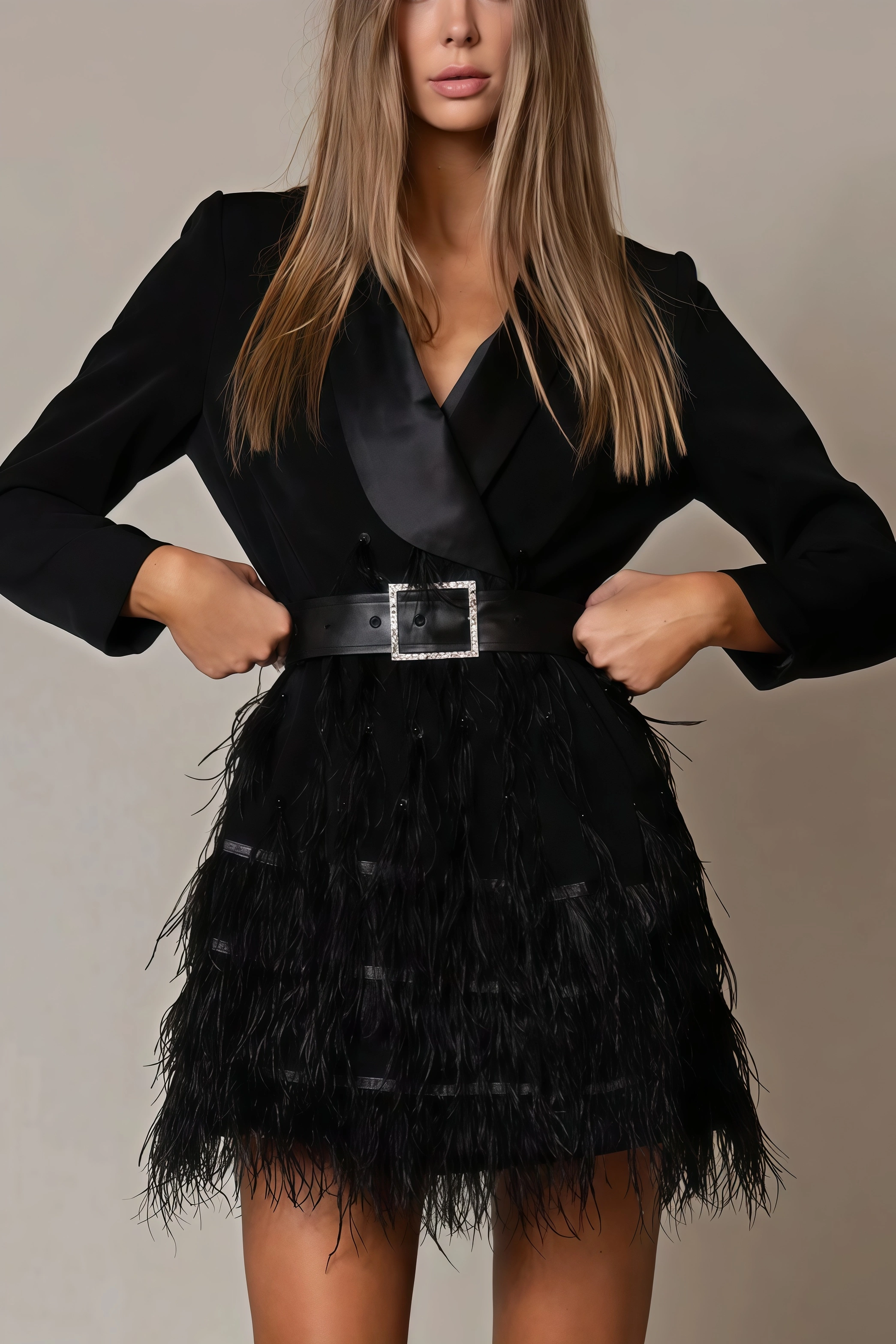 Rhinestone V-Neck Beaded Feather Patchwork Mini Dress