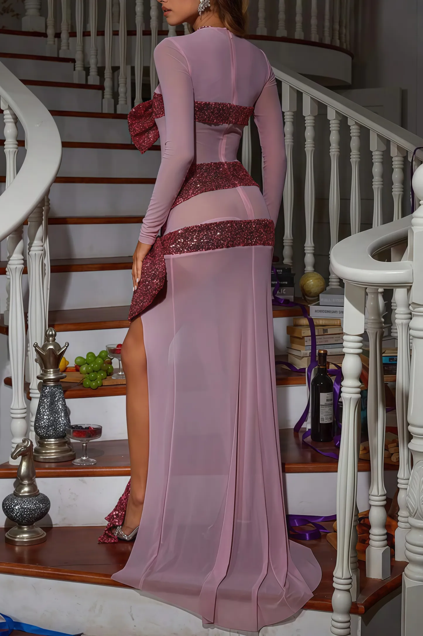 Elio Long Sleeve Bow Sequin Maxi Dress