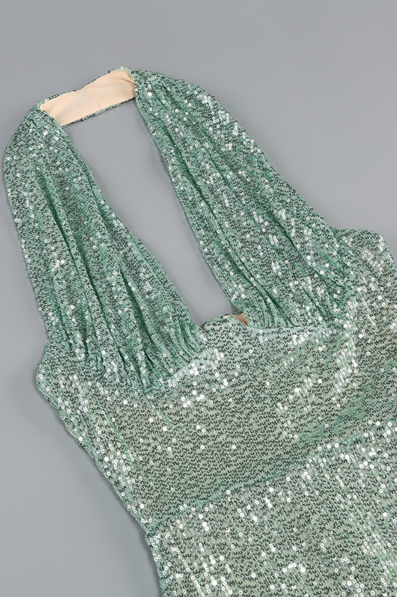 Elsinx Green Backless Sequin Maxi Dress