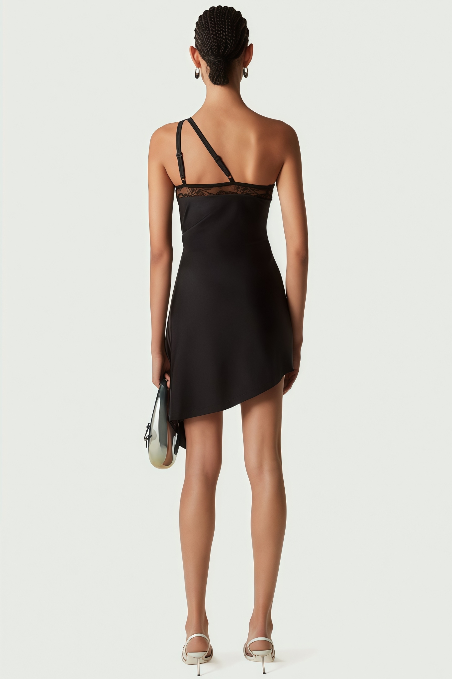 Miroa Slant Shoulder Lace Cutout Mini Dress