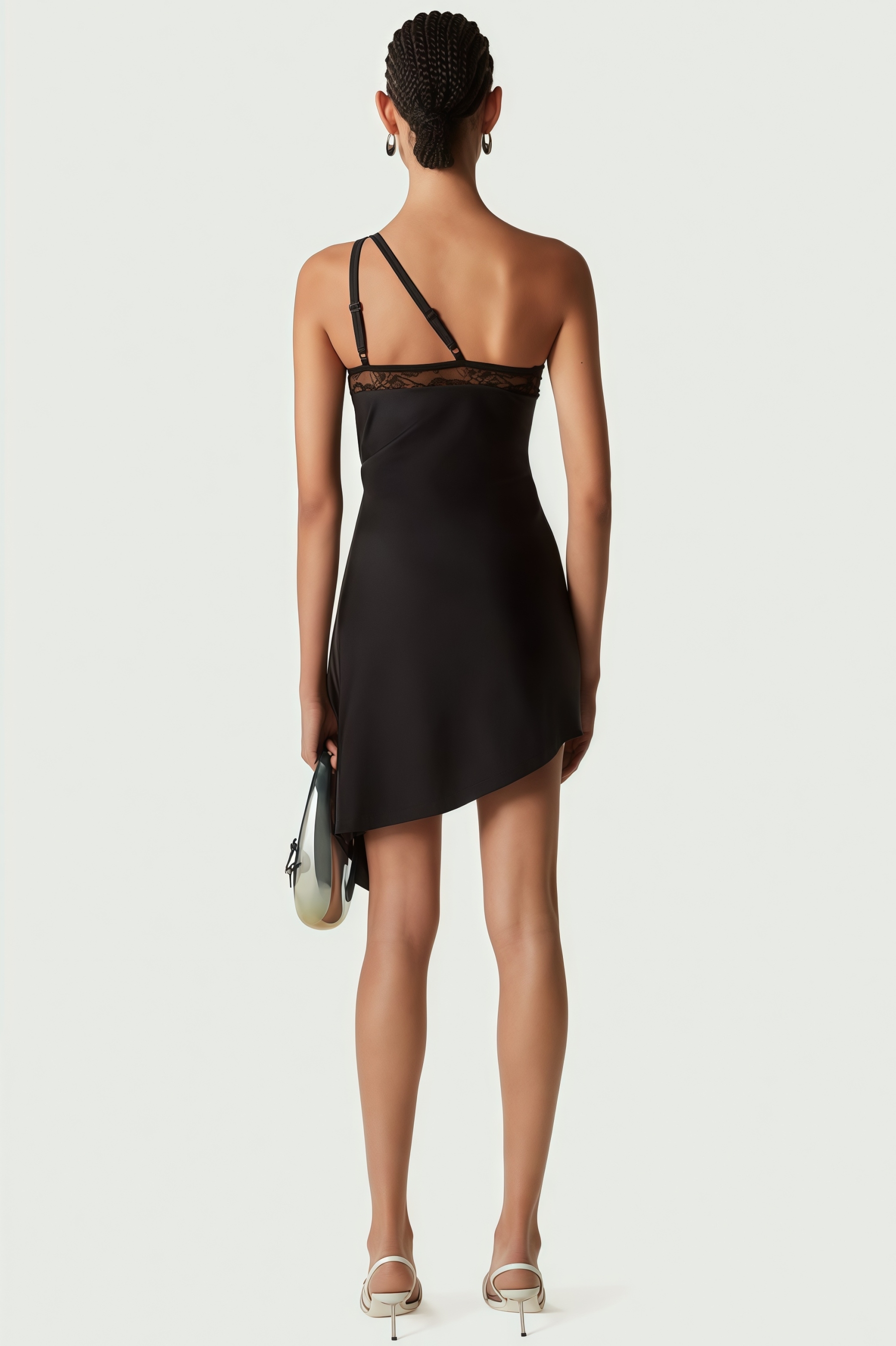 Miroa Slant Shoulder Lace Cutout Mini Dress