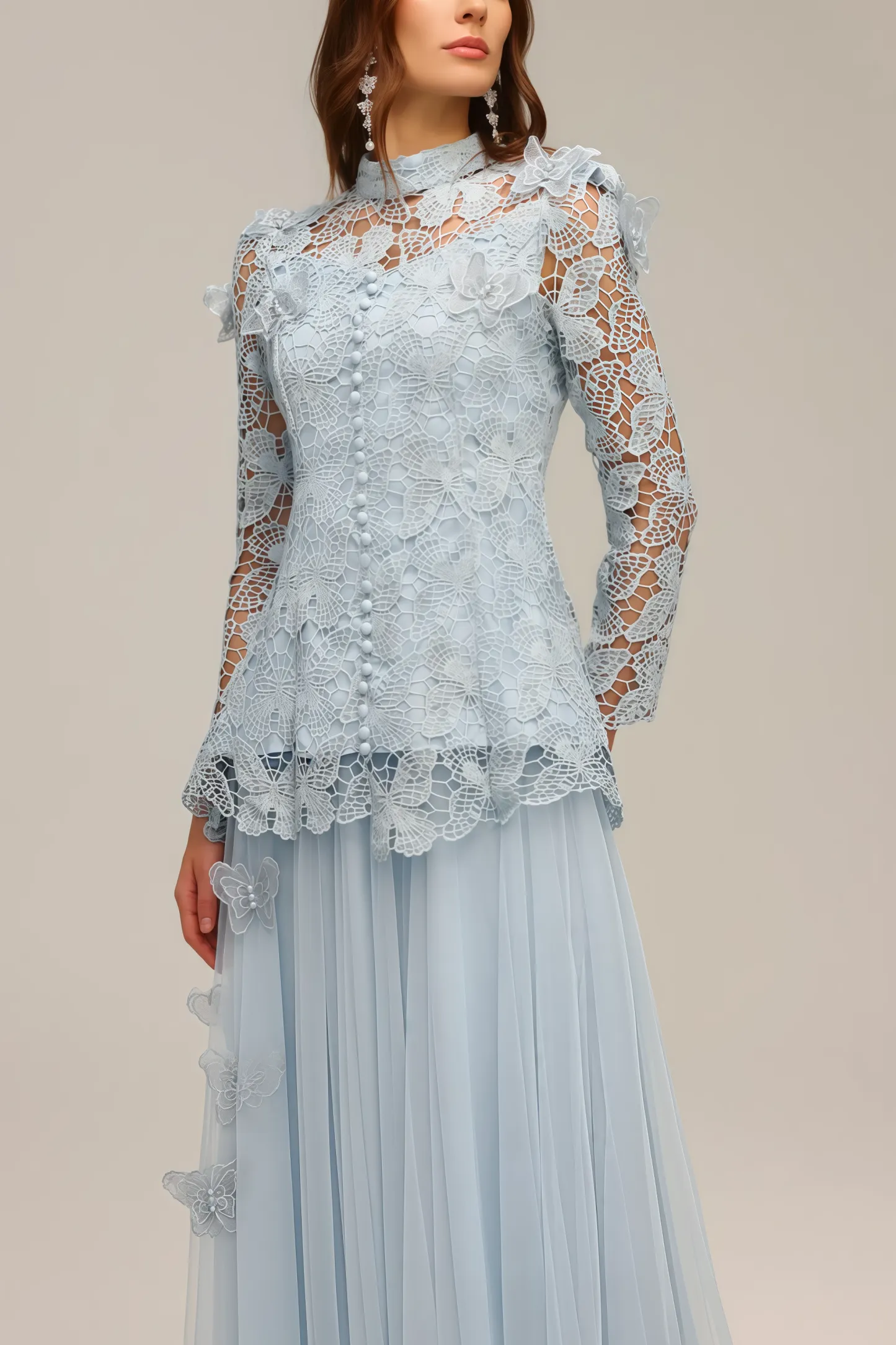 Hurof Folds Lace Butterfly Top Dress Two-Piece Set