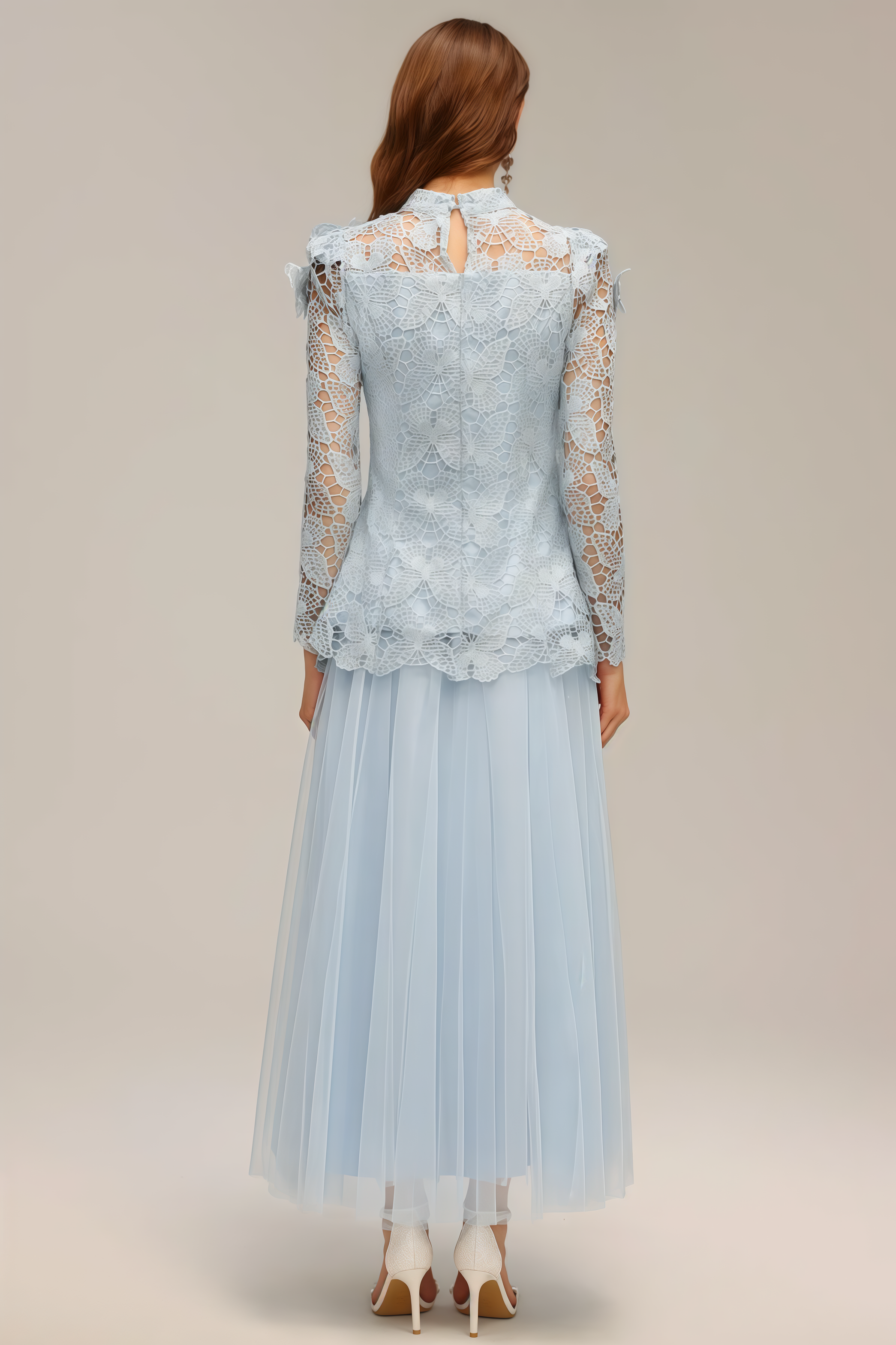 Hurof Folds Lace Butterfly Top Dress Two-Piece Set