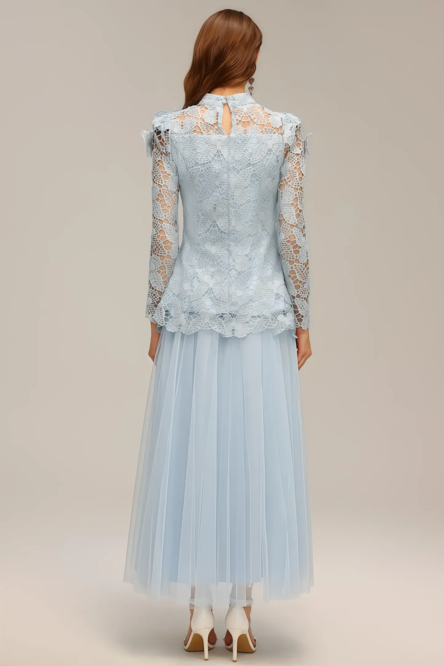 Hurof Folds Lace Butterfly Top Dress Two-Piece Set