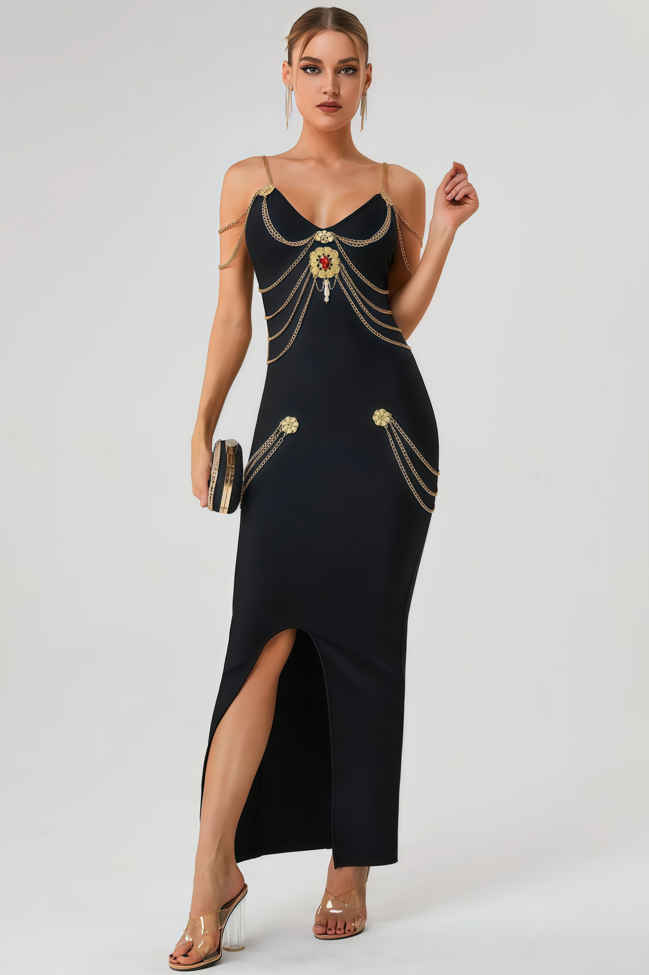 Riven Gold Chain Bandage Maxi Dress