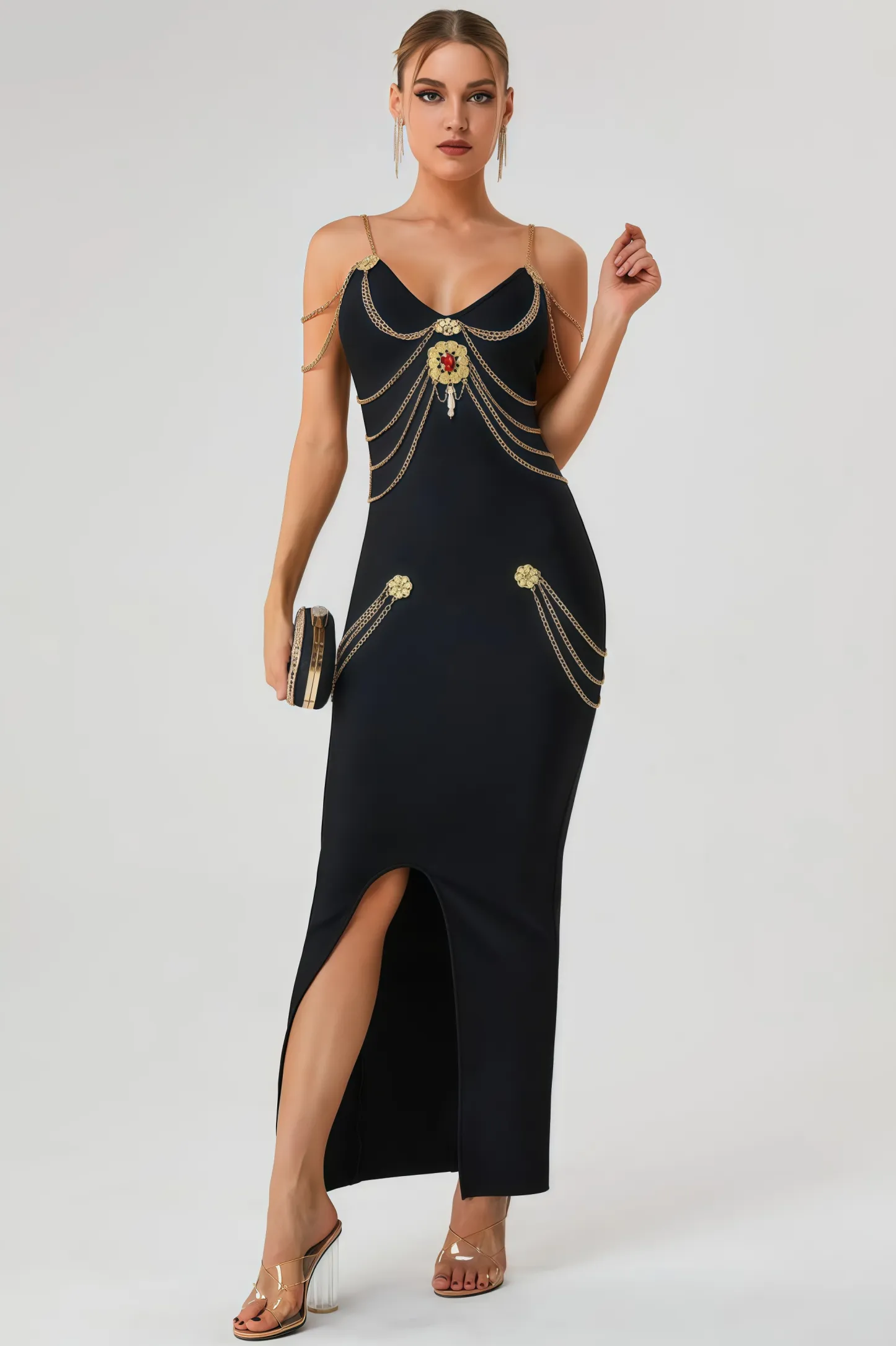 Riven Gold Chain Bandage Maxi Dress