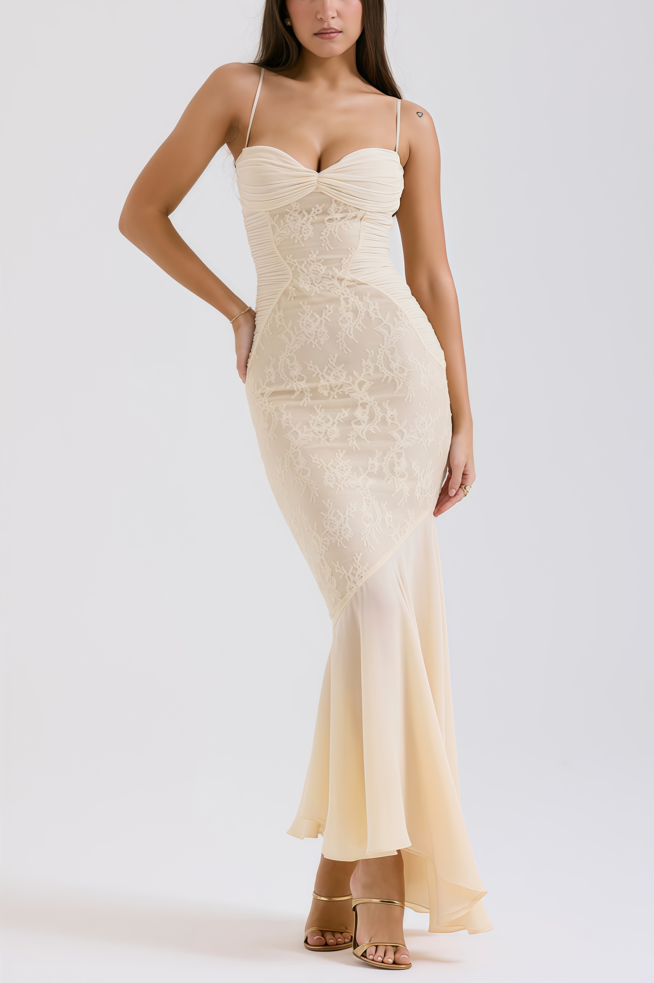 Vaelse Lace Ruffle Halter Maxi Dress