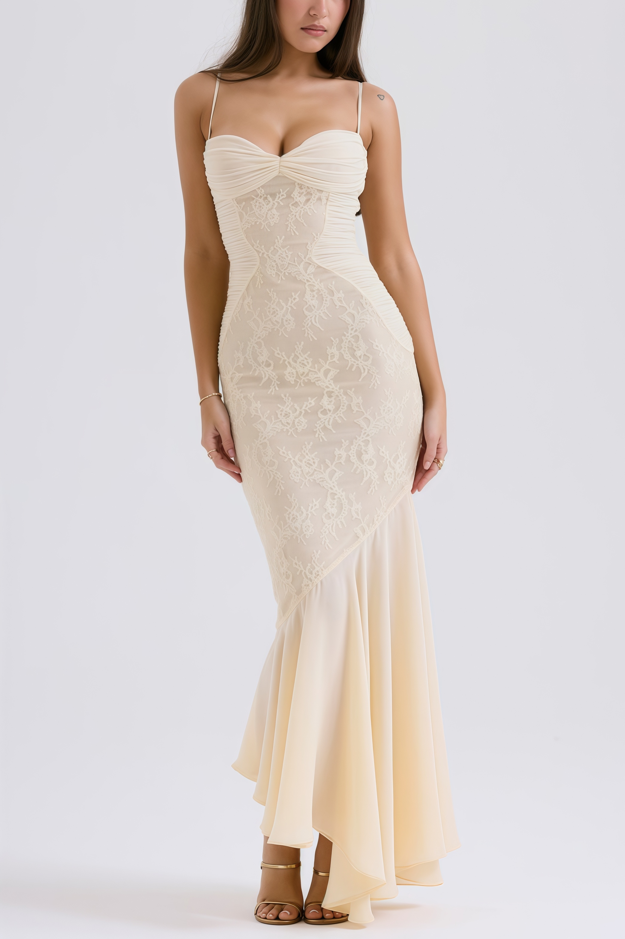 Vaelse Lace Ruffle Halter Maxi Dress