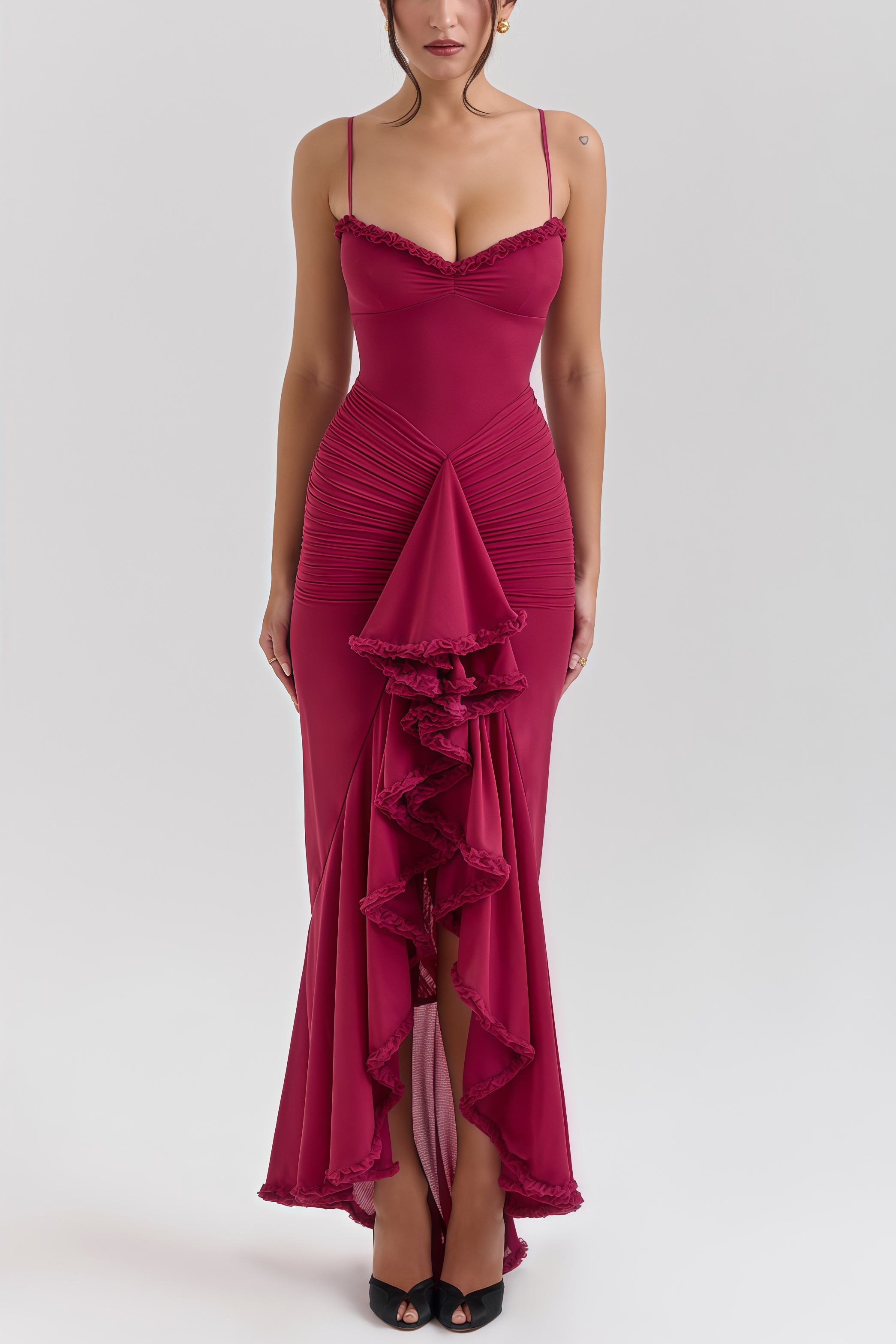 Jinx Wine Ruffled Front Maxi Dress