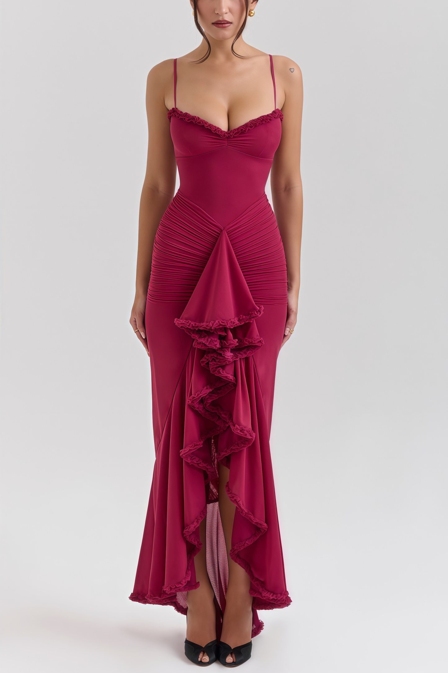 Jinx Wine Ruffled Front Maxi Dress