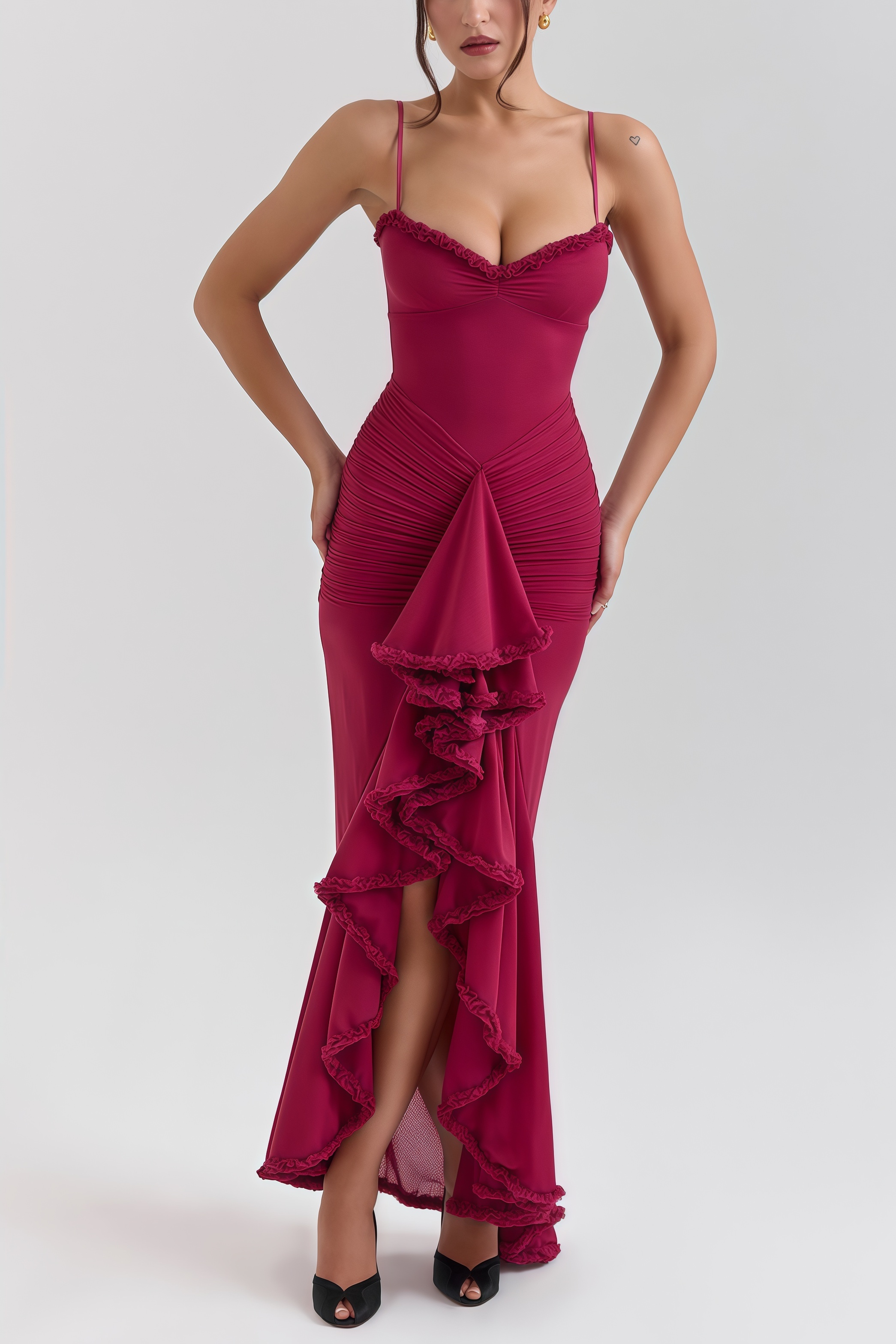 Jinx Wine Ruffled Front Maxi Dress