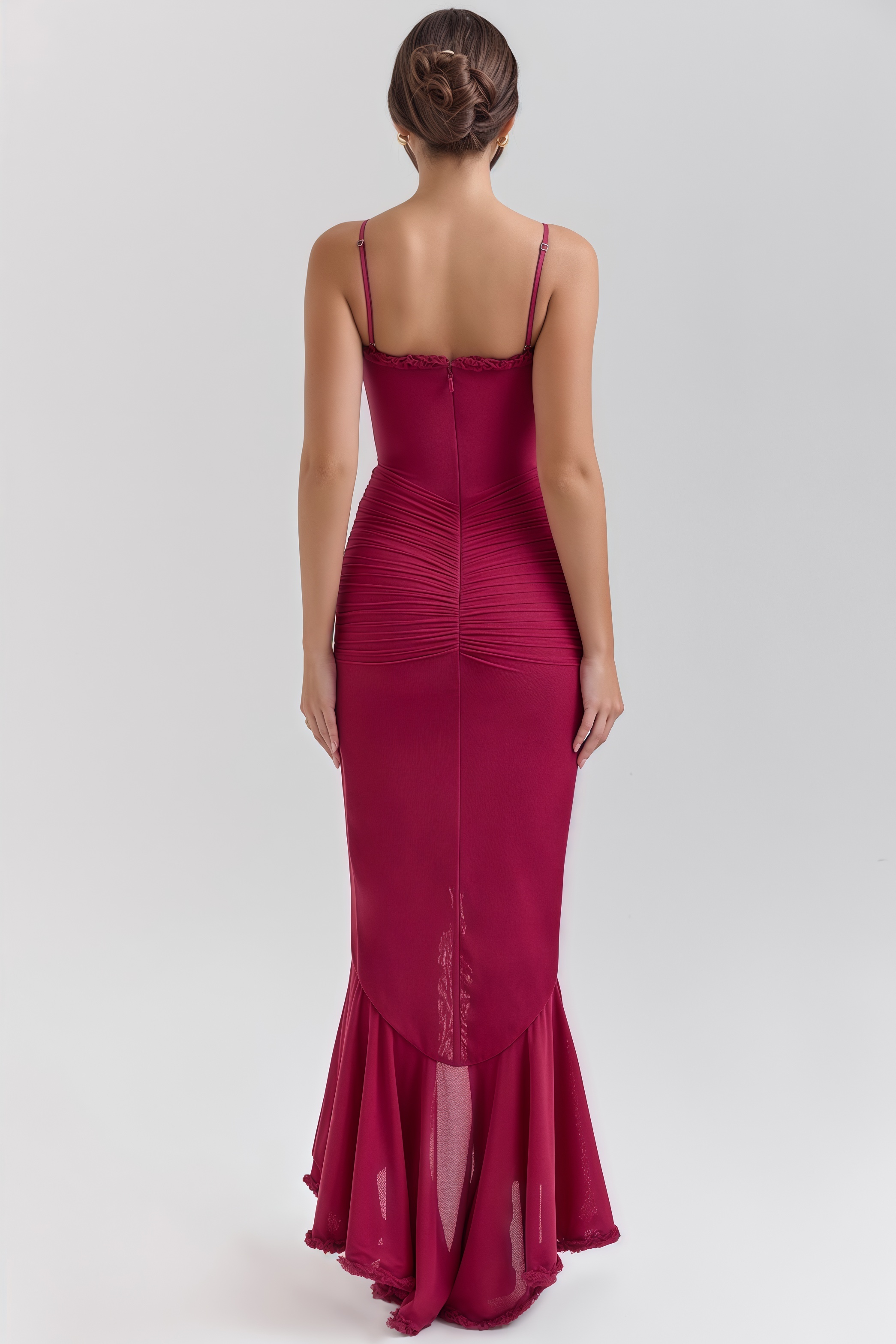 Jinx Wine Ruffled Front Maxi Dress