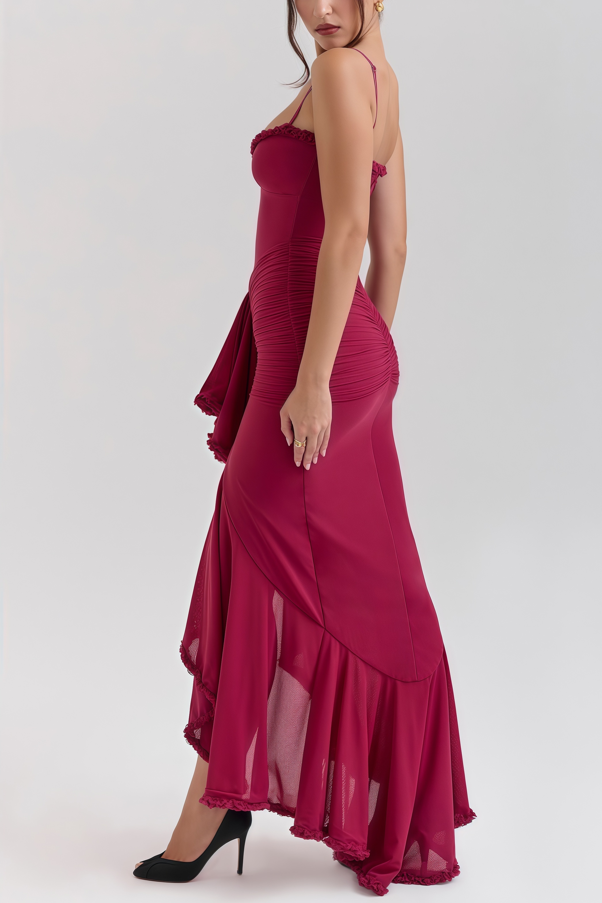 Jinx Wine Ruffled Front Maxi Dress
