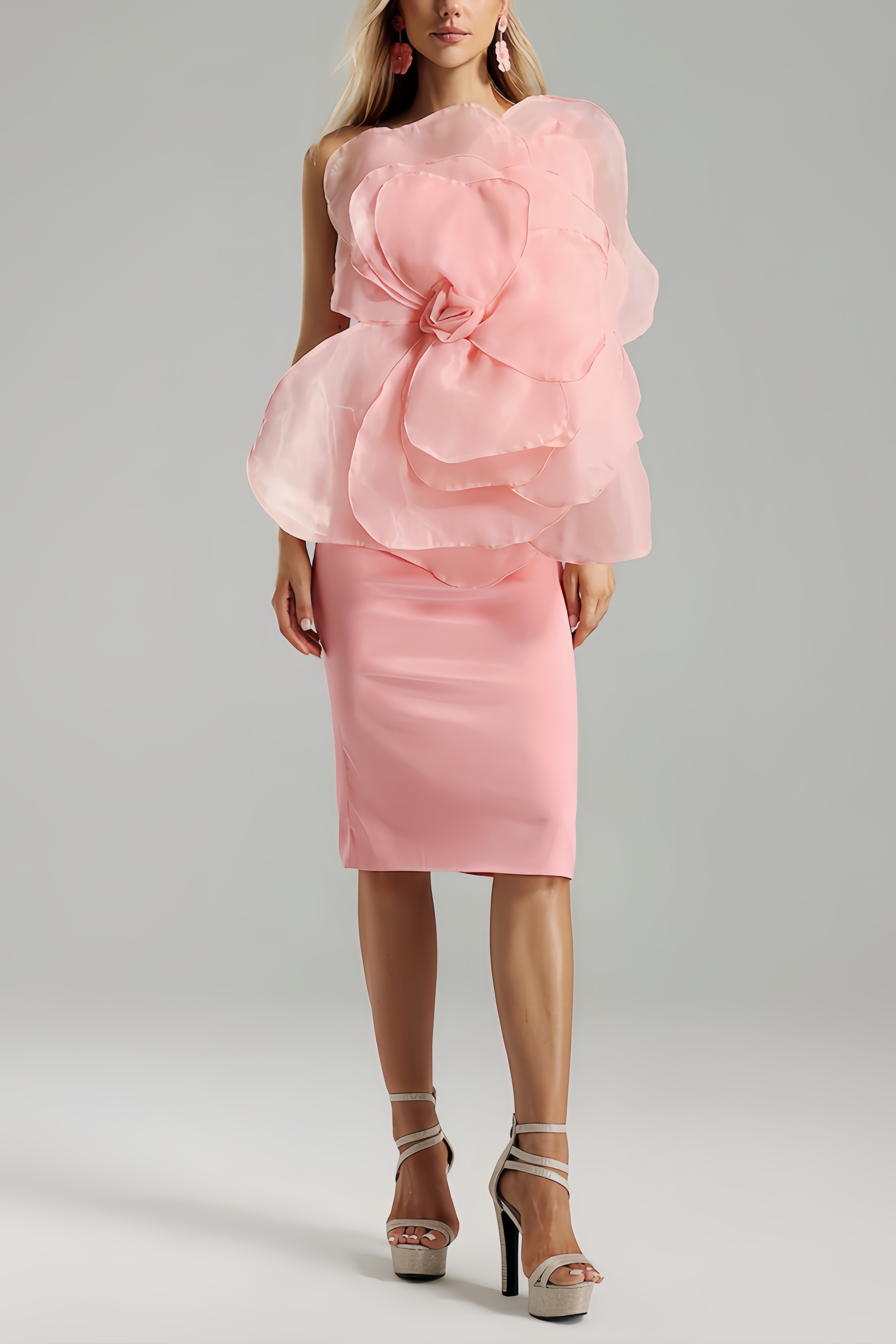 Alaya Slant Shoulder 3D Floral Midi Dress