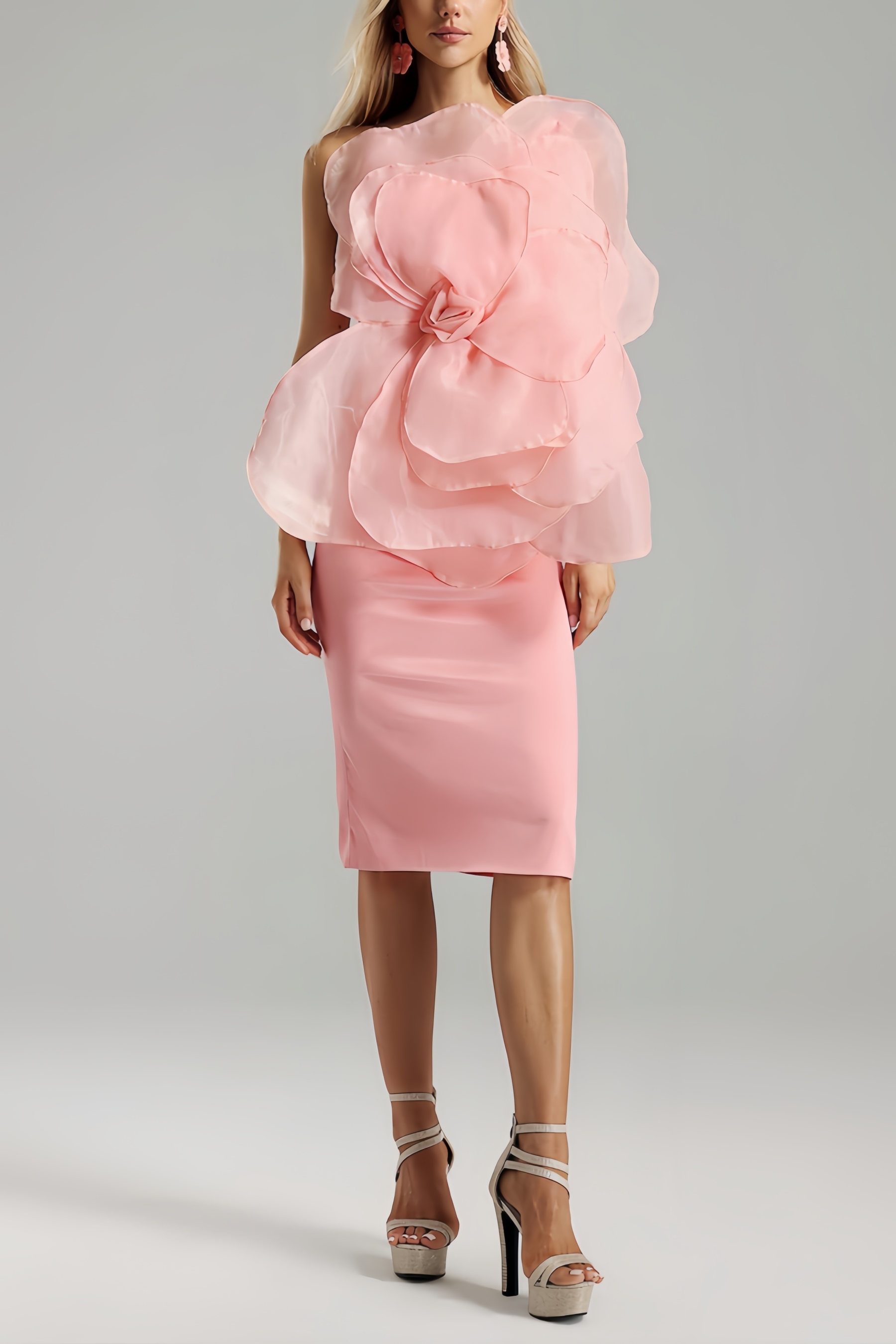 Alaya Slant Shoulder 3D Floral Midi Dress