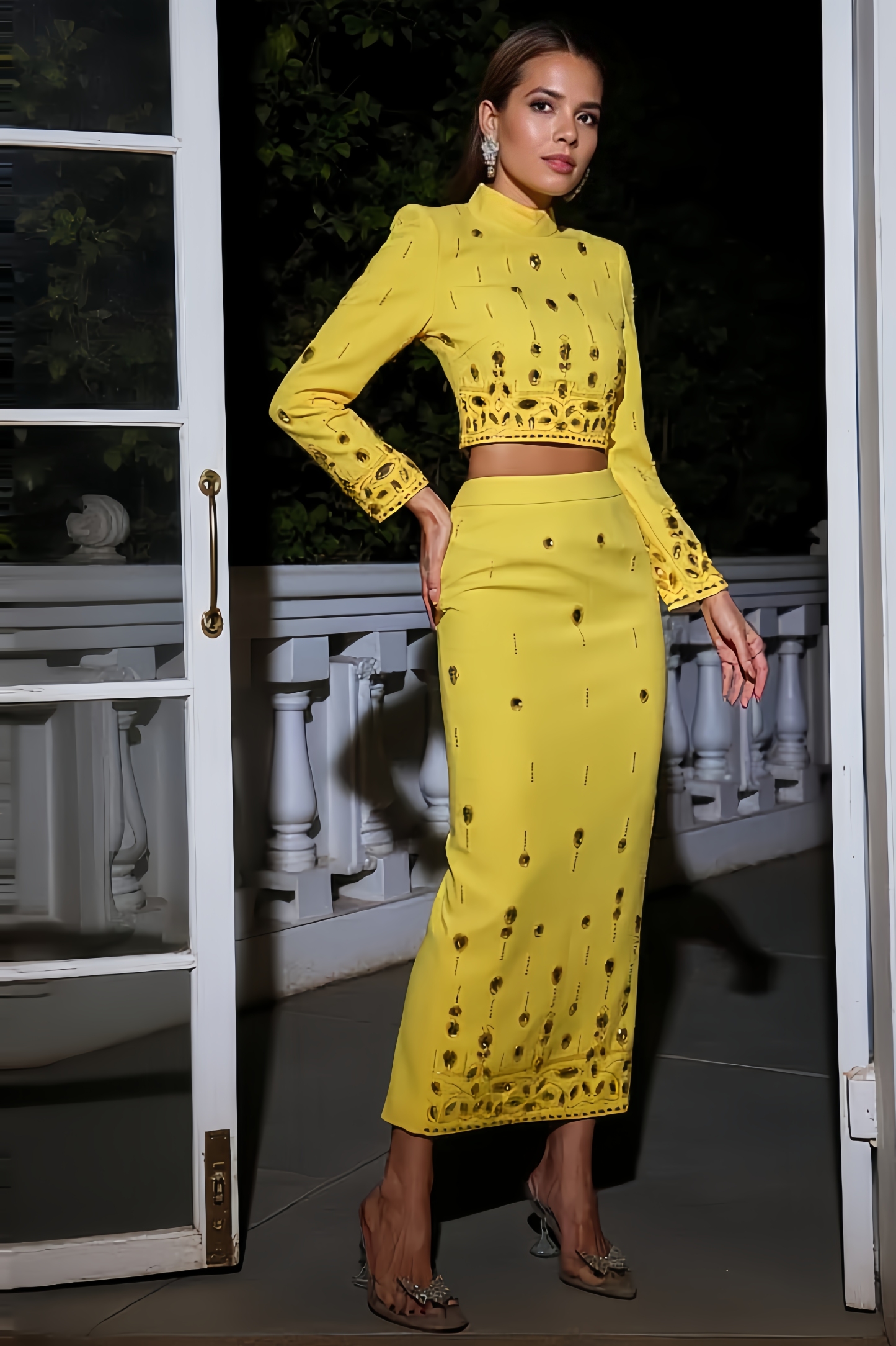 Yenia Beaded Short Top Maxi Dress Two-Piece Set