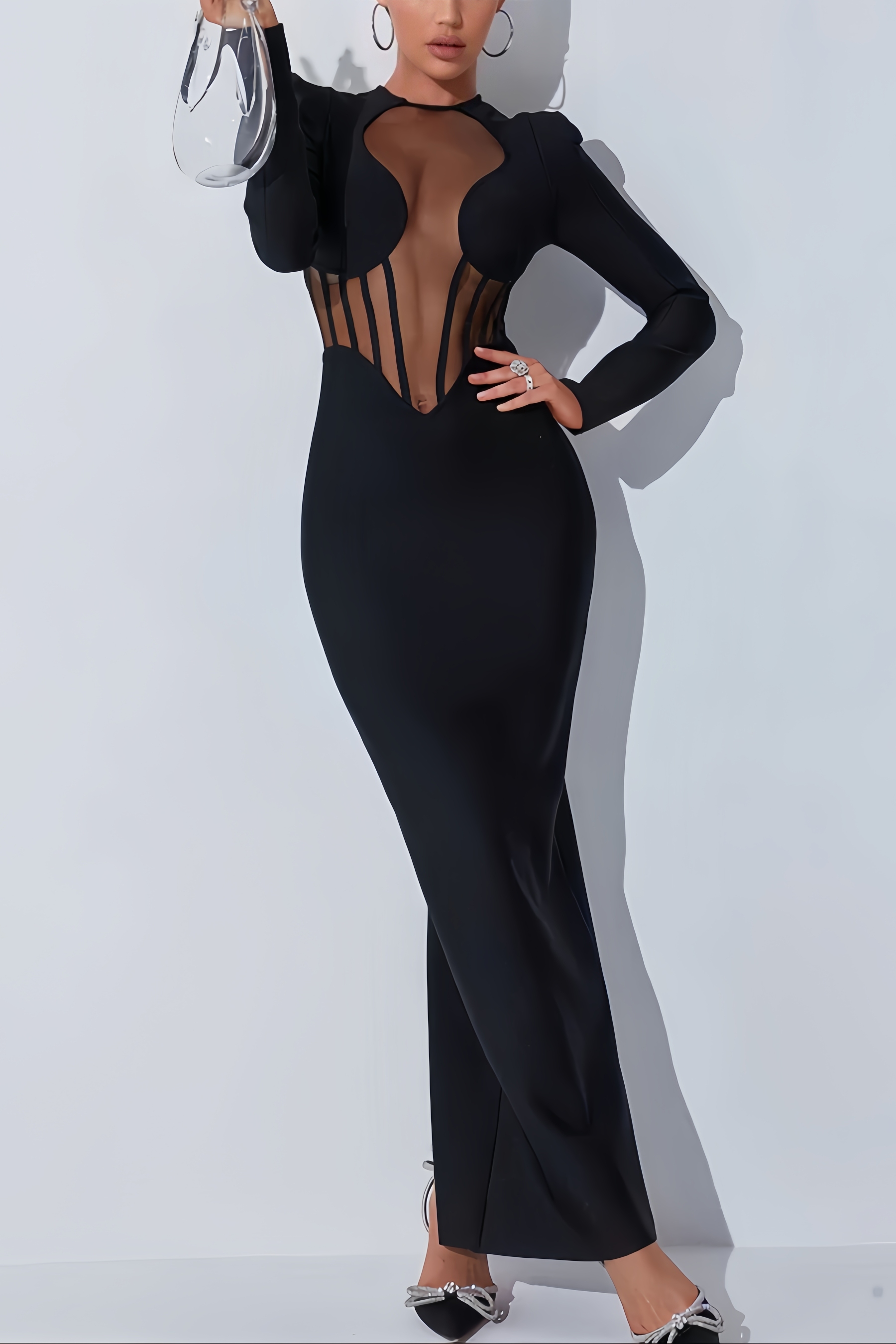 Kari Mesh Long Sleeve Maxi Dress