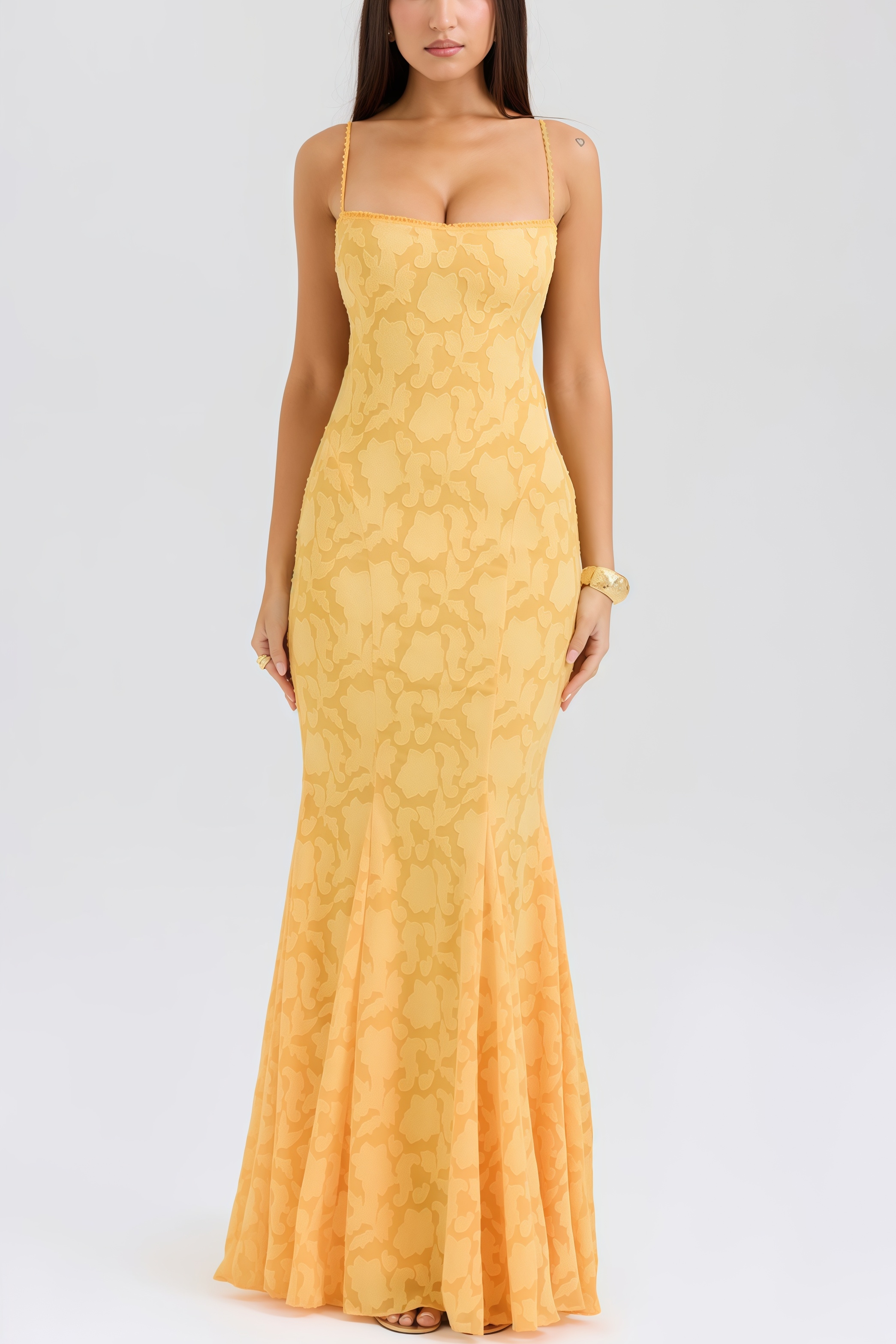Xyvan Yellow Lace Up Back Maxi Dress