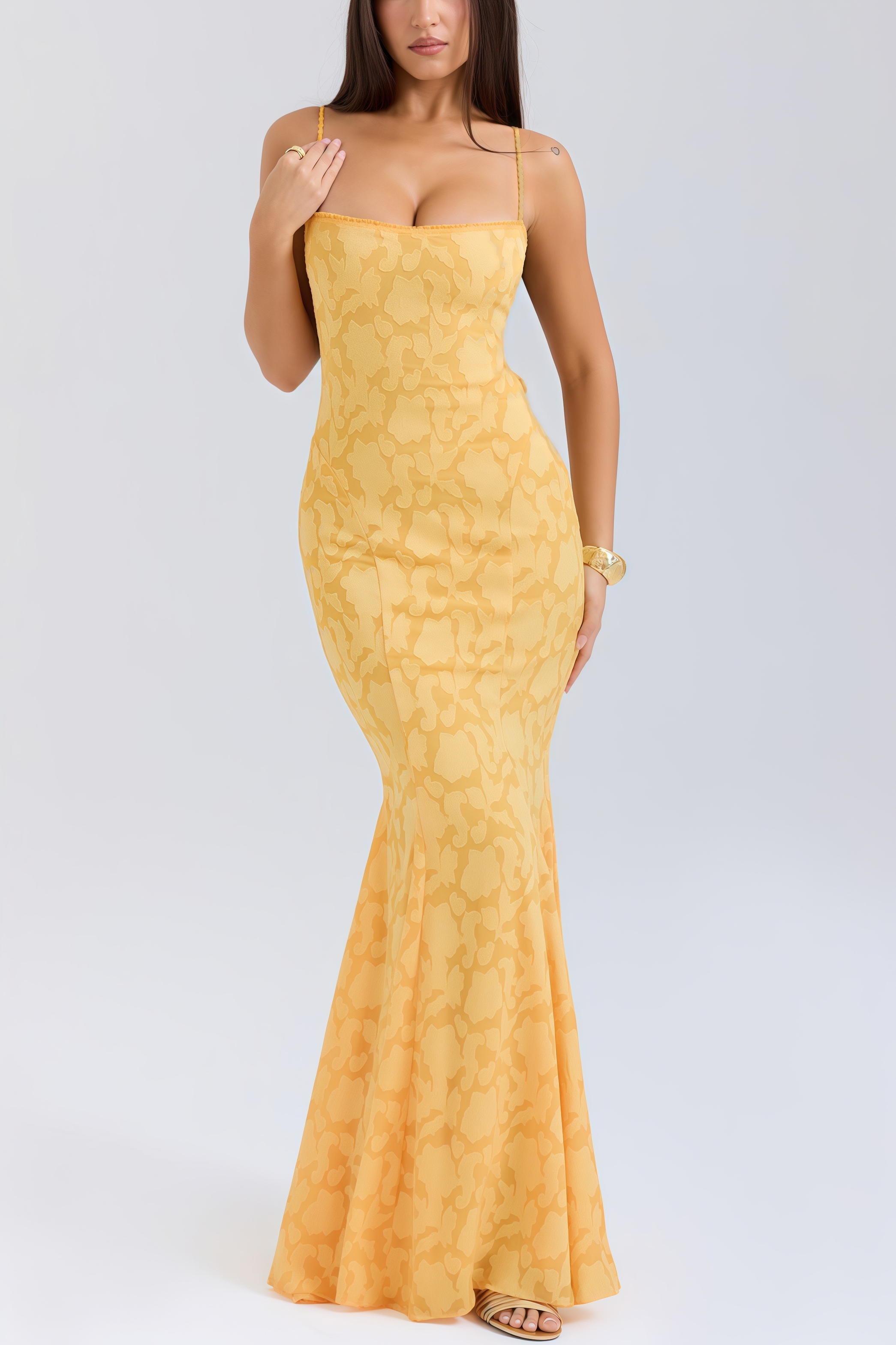 Xyvan Yellow Lace Up Back Maxi Dress